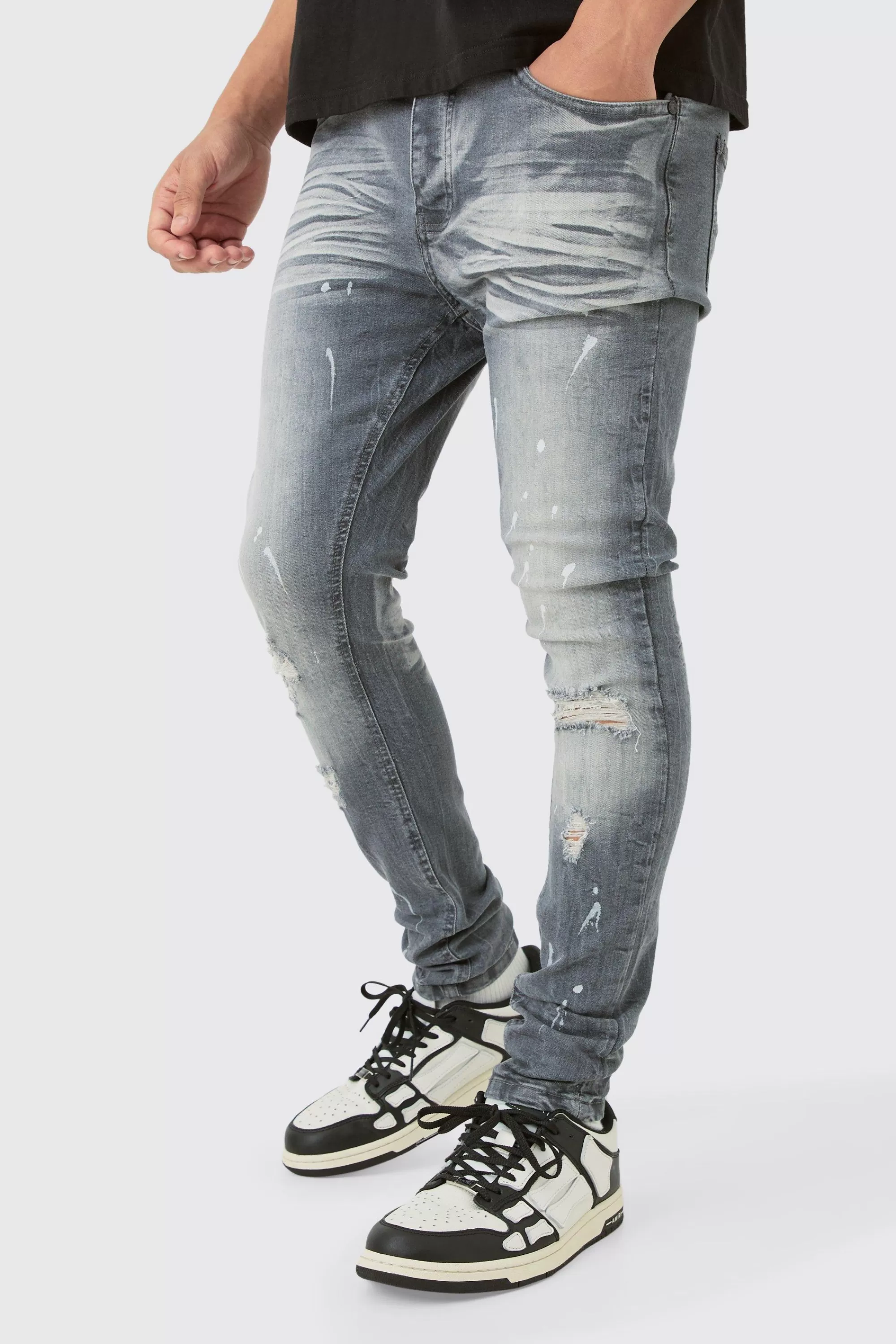 boohooMAN Super Skinny Stretch Ripped Jean In Dirty Wash | UK