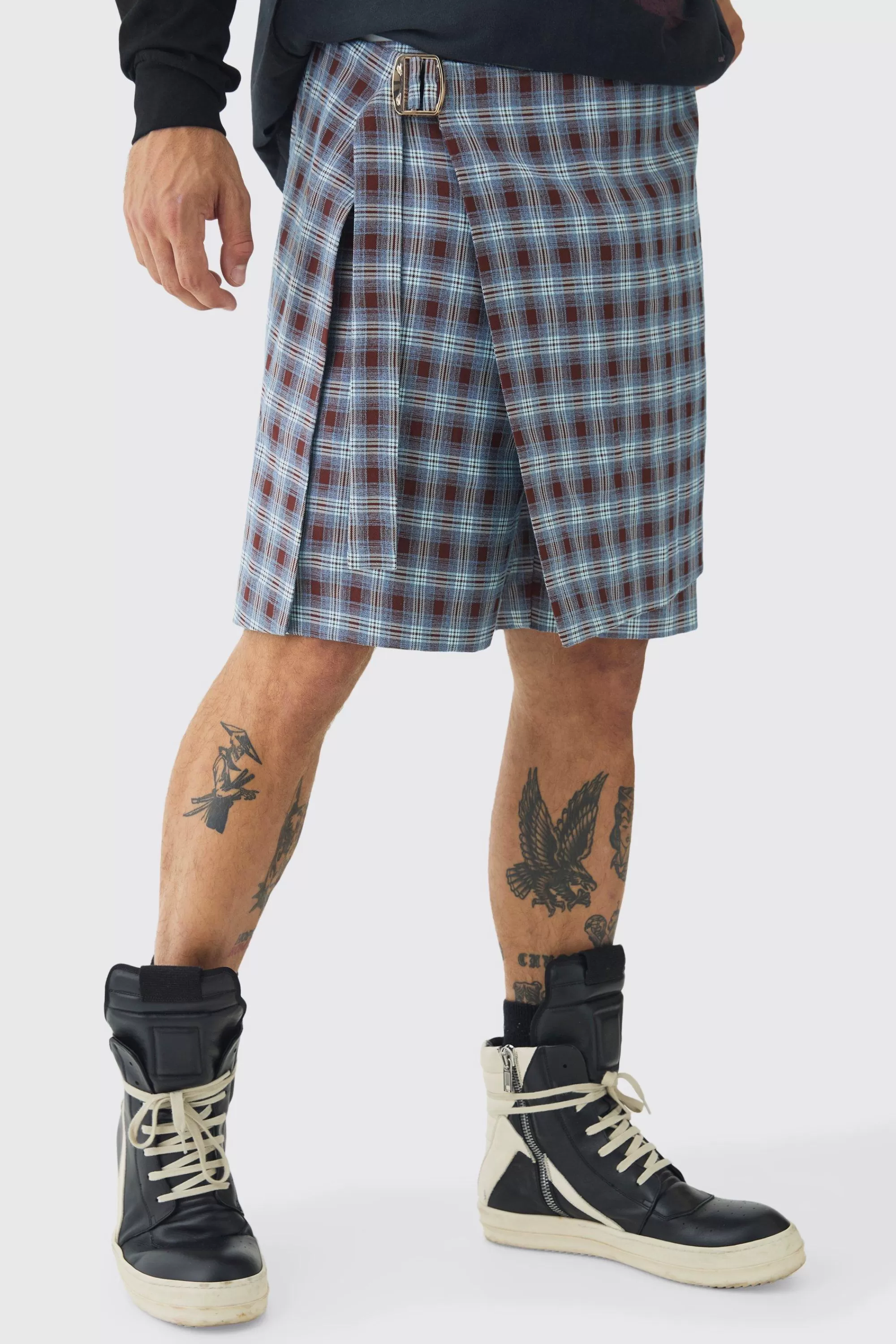 boohooMAN Tailored Check Shorts With Skirt Overlay | UK