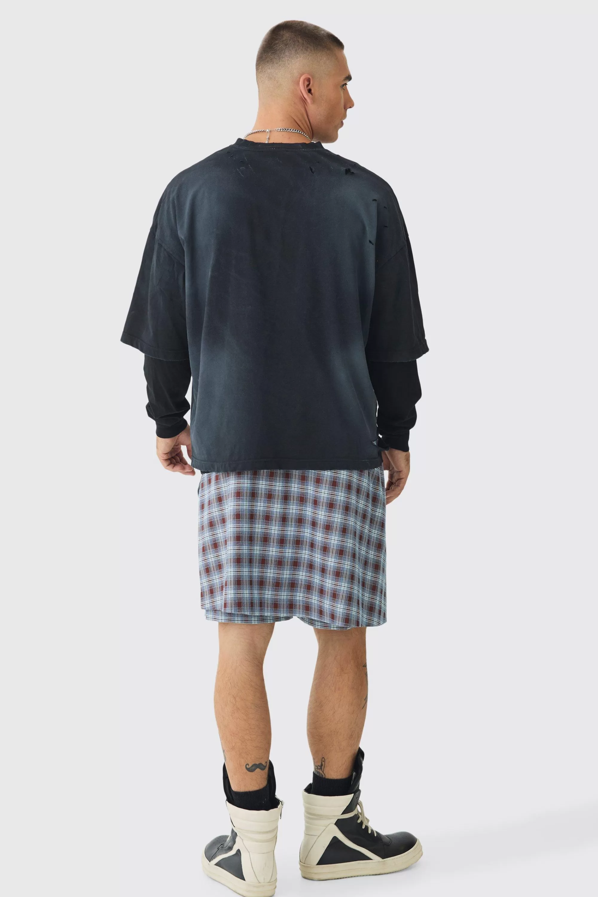 boohooMAN Tailored Check Shorts With Skirt Overlay | UK