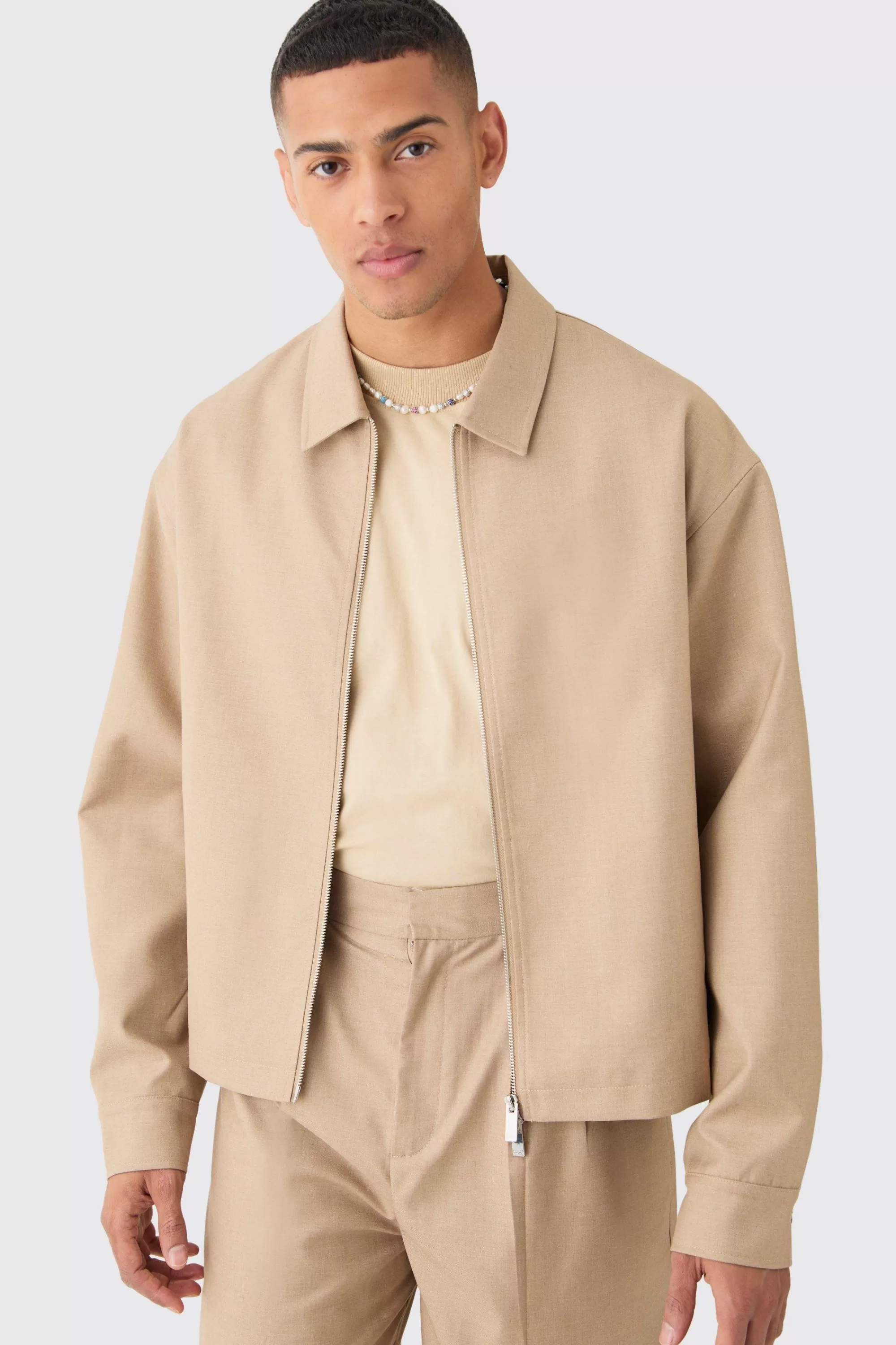 boohooMAN Tailored Zip Up Boxy Fit Harrington Jacket | UK