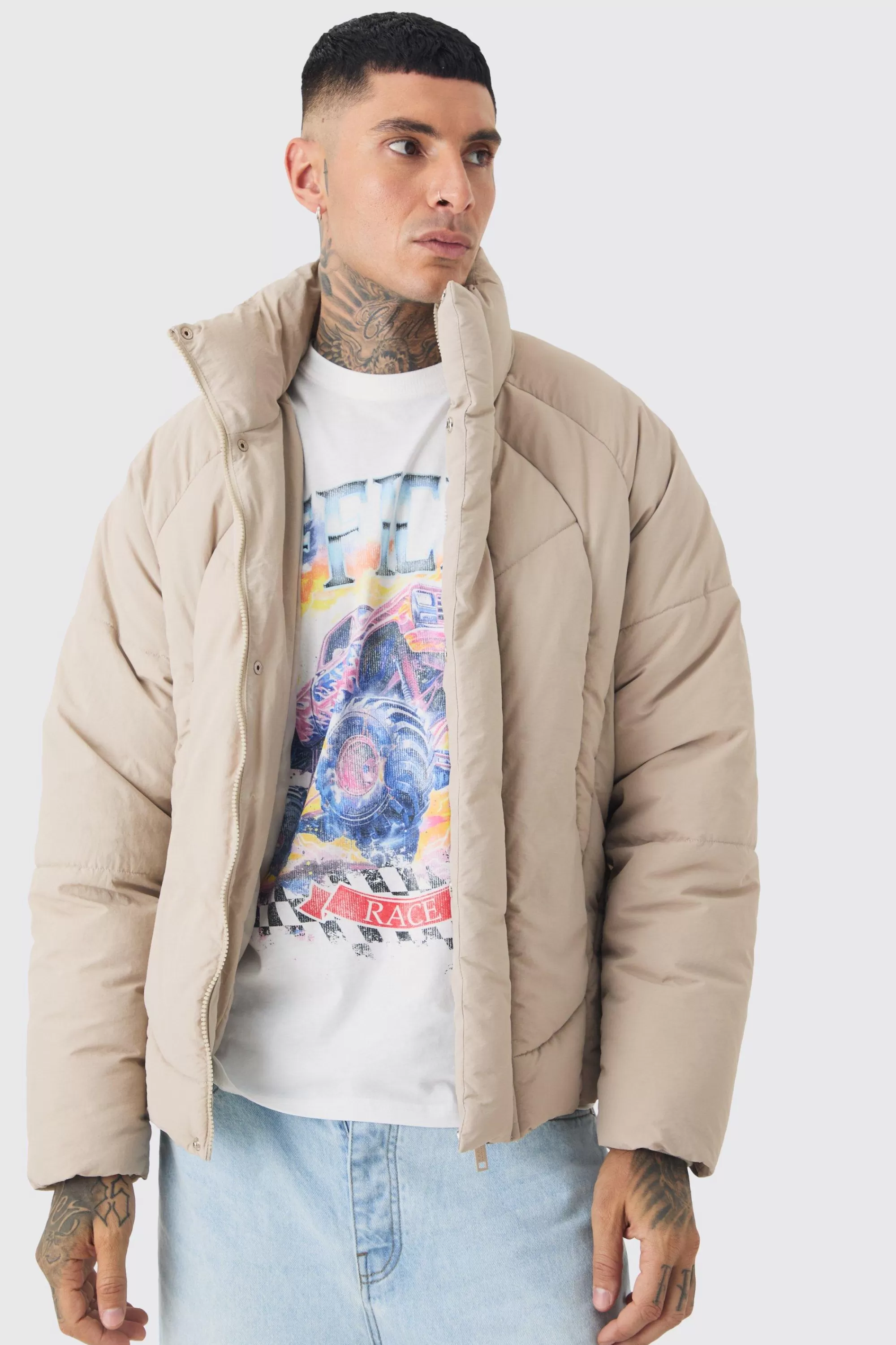boohooMAN Tall Abstract Quilted Funnel Neck Puffer Jacket In | UK