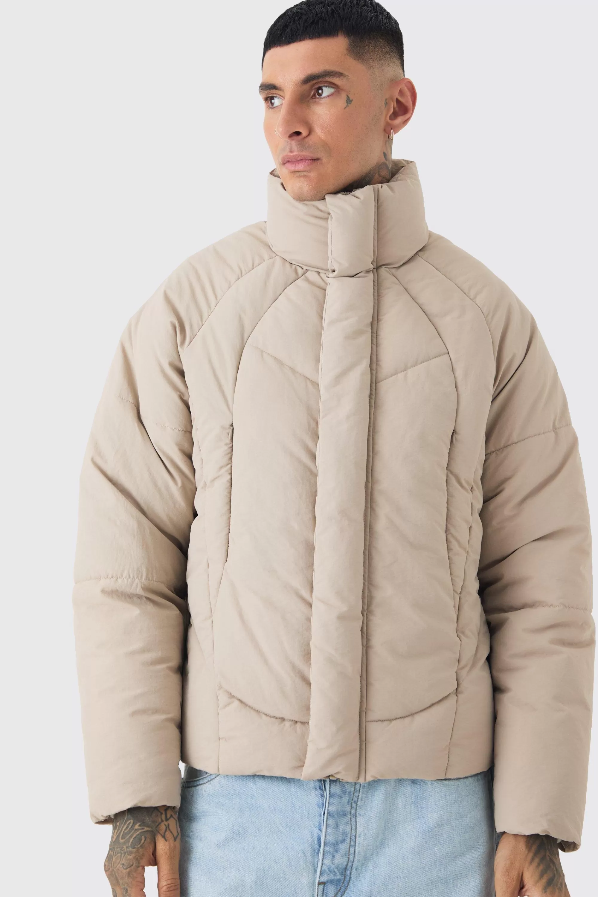 boohooMAN Tall Abstract Quilted Funnel Neck Puffer Jacket In | UK