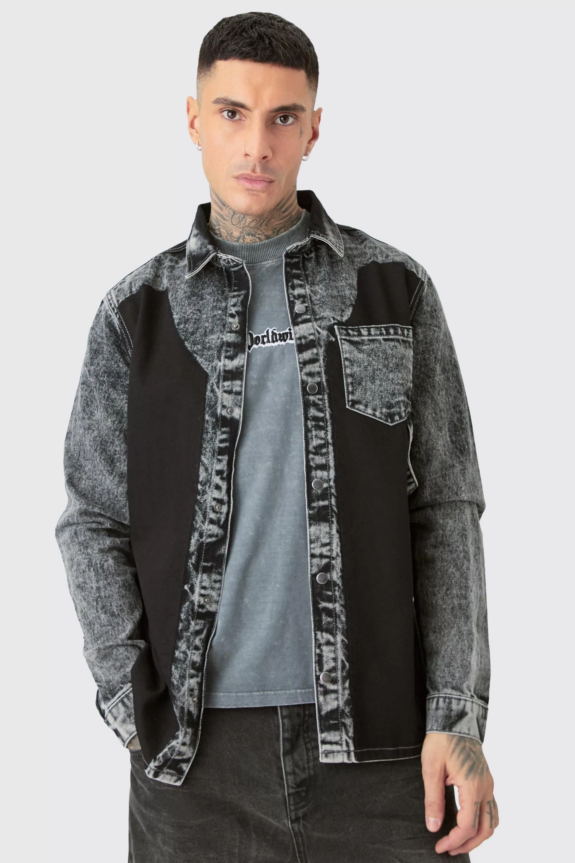 boohooMAN Tall Acid Wash Carpenter Denim Shirt | UK