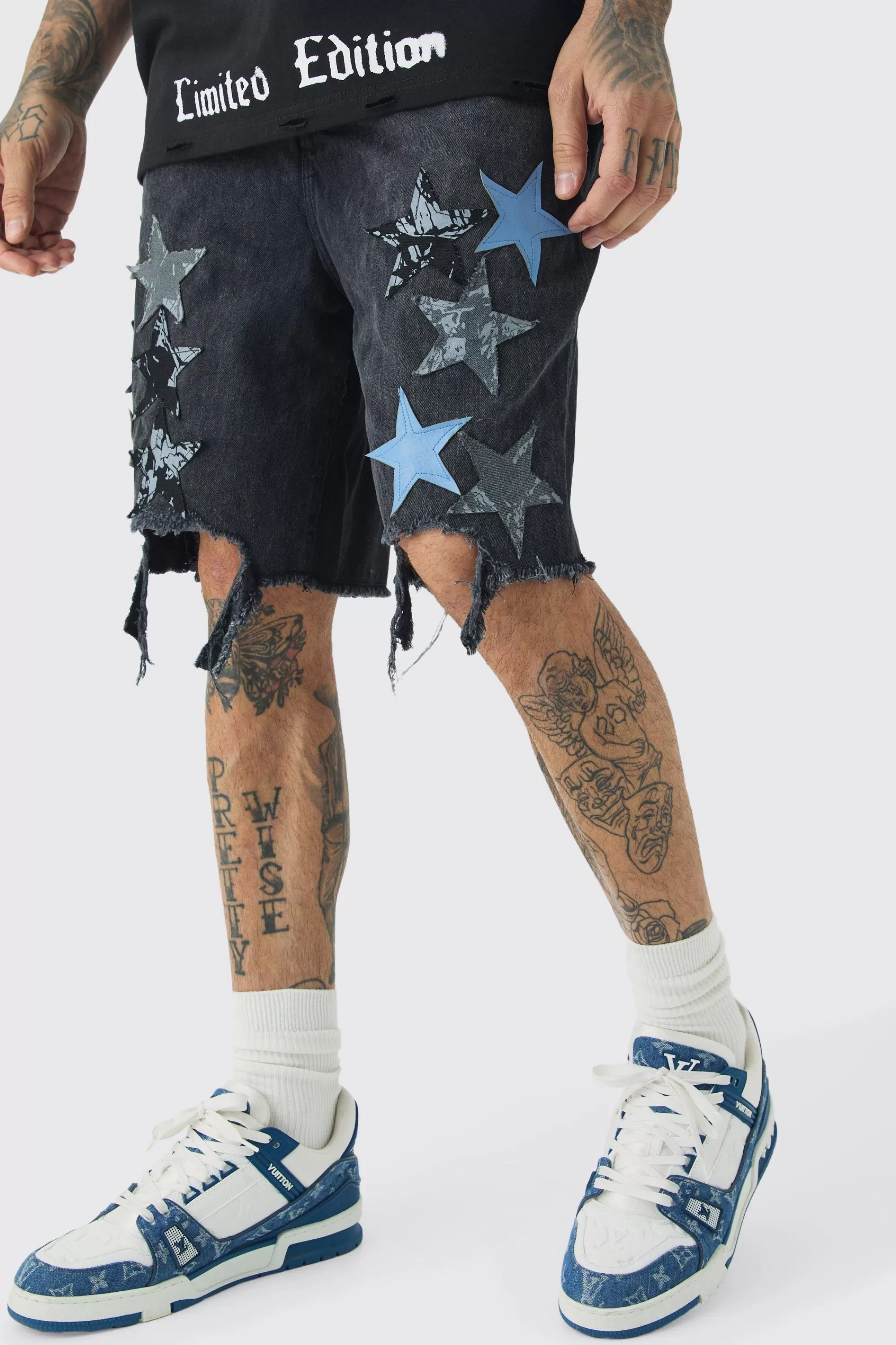 boohooMAN Tall Applique Raw Hem Denim Shorts | UK