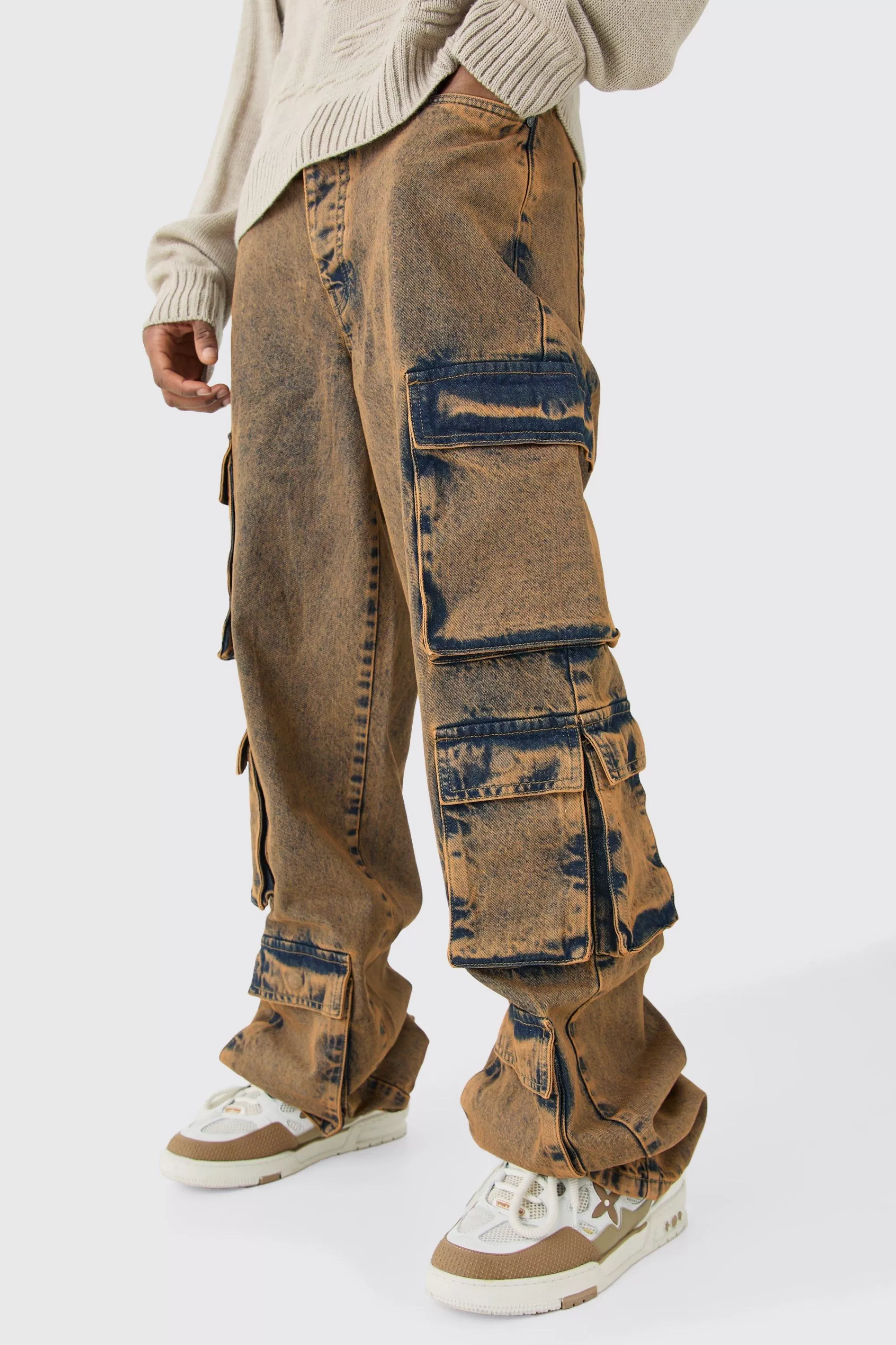 boohooMAN Tall Baggy Fit Acid Wash Cargo Jeans | UK