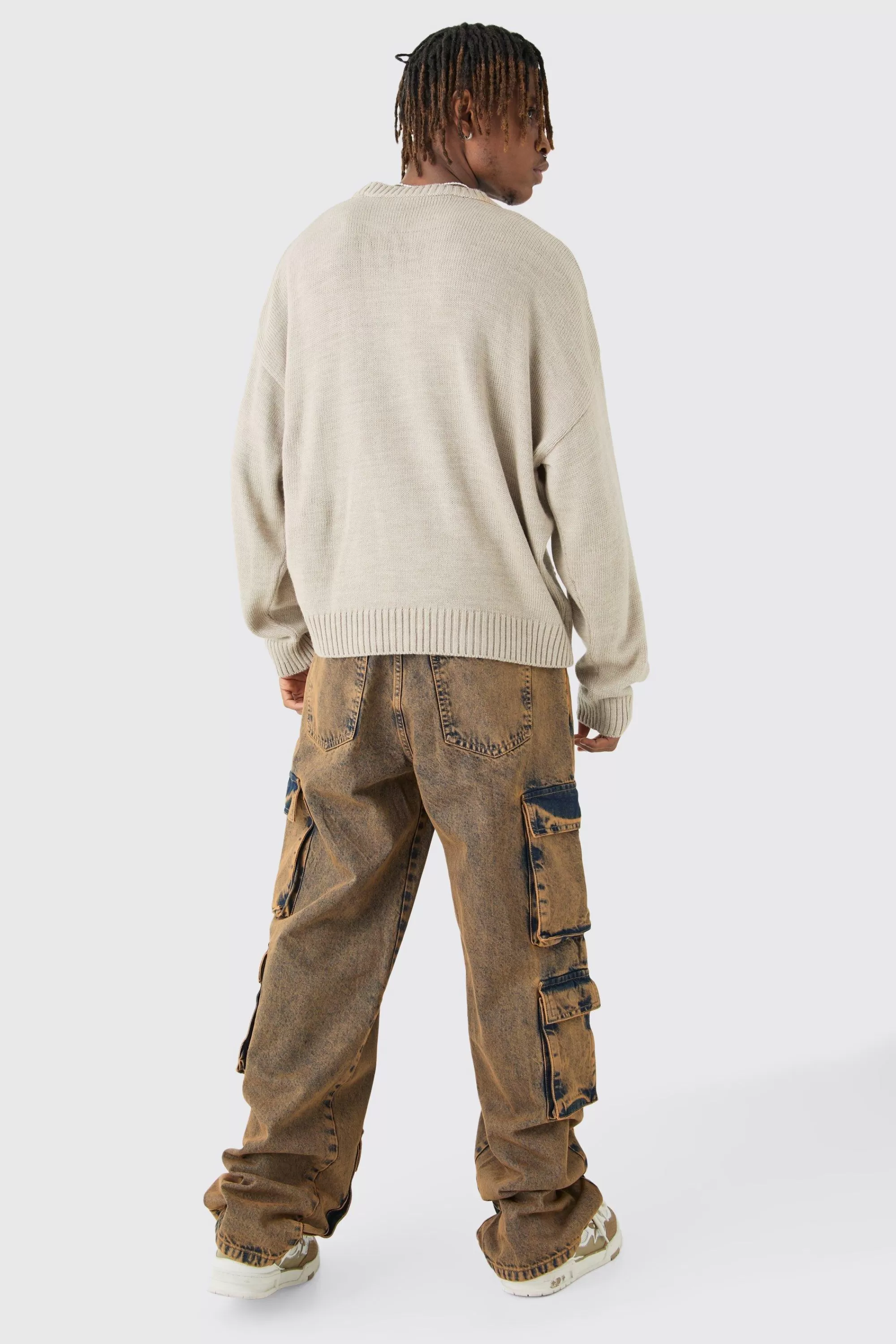 boohooMAN Tall Baggy Fit Acid Wash Cargo Jeans | UK