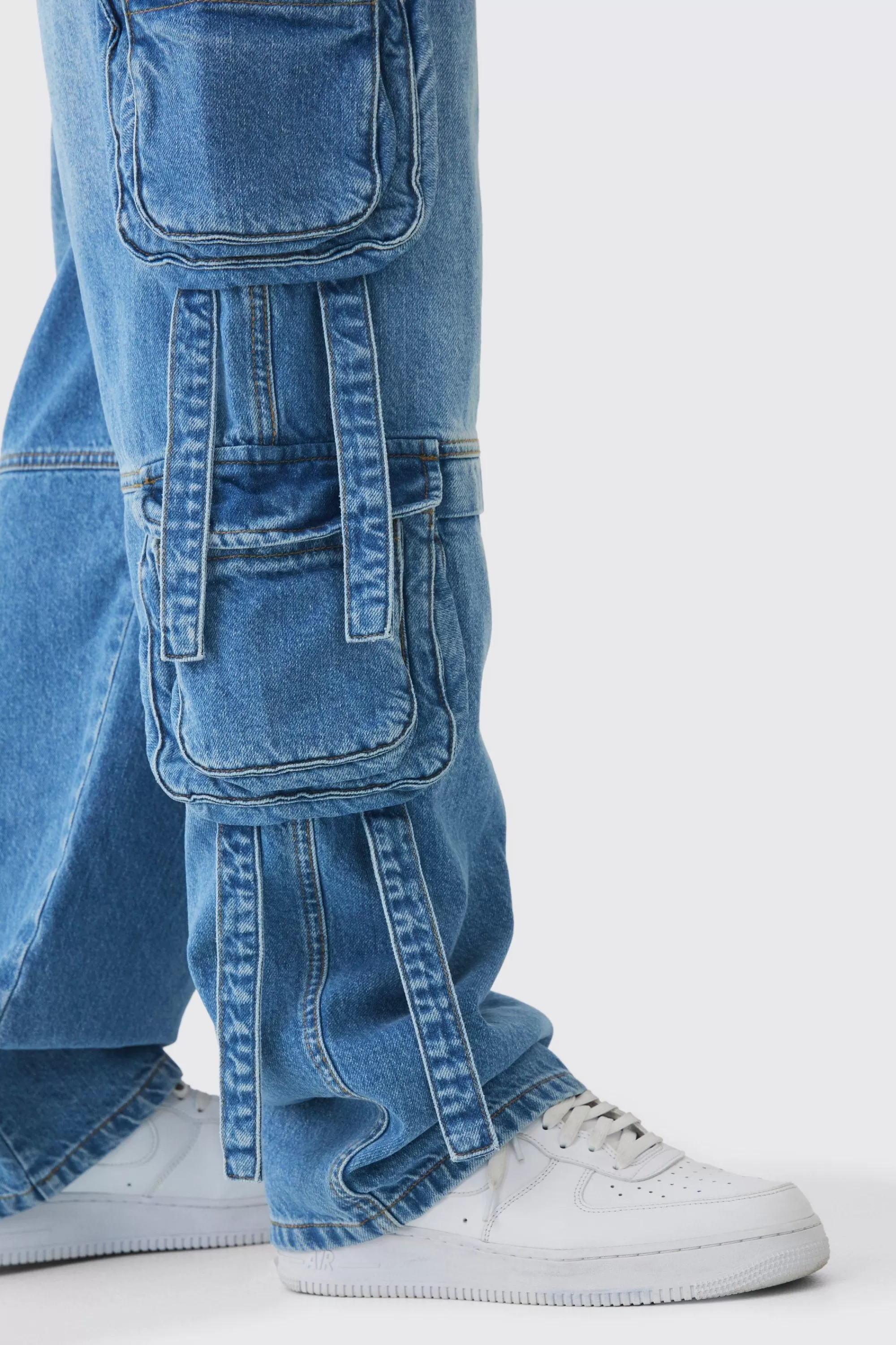 boohooMAN Tall Baggy Rigid Multi Pocket Strap Detail Cargo Jeans | UK