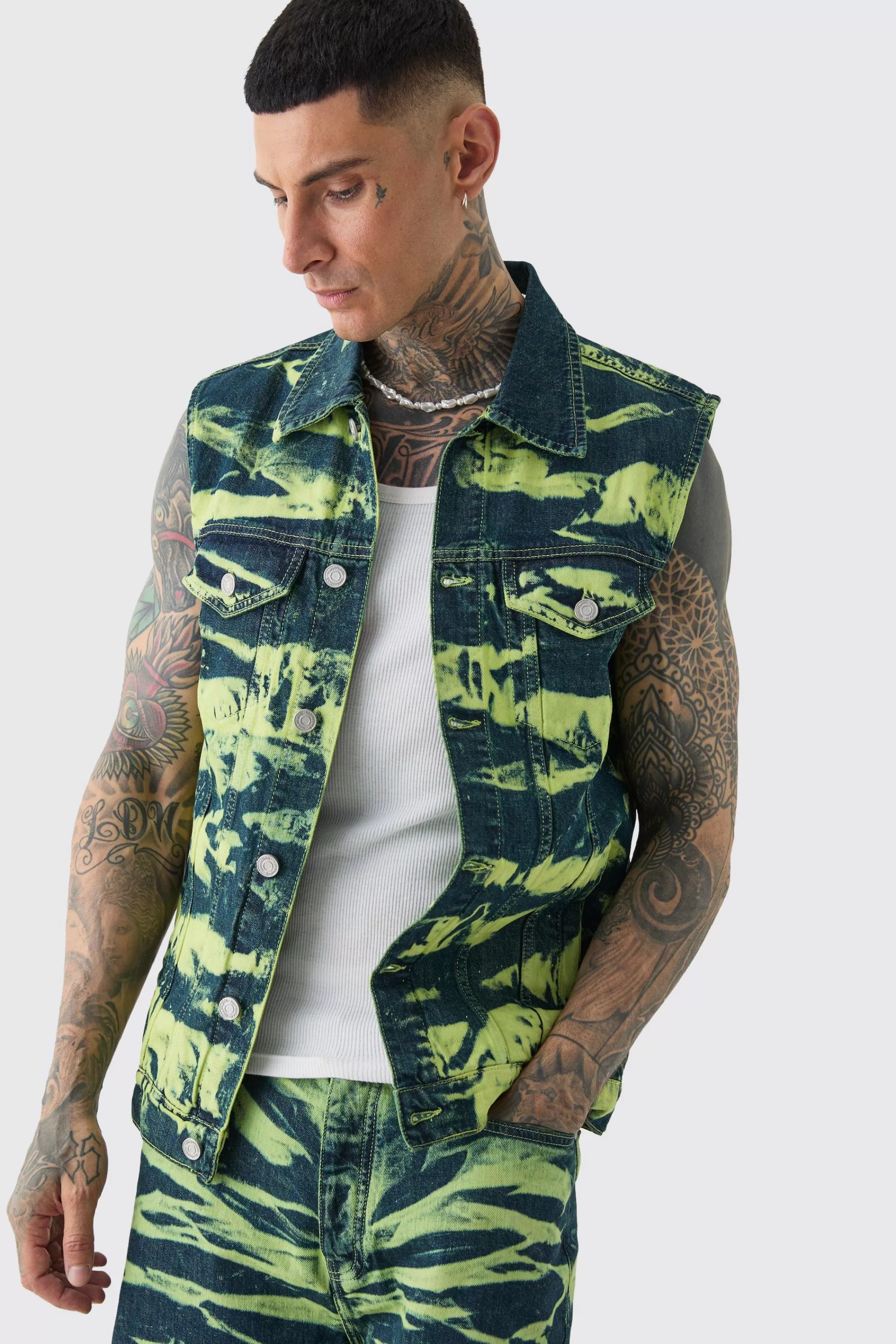 boohooMAN Tall Bleach Wash Denim Gilet | UK