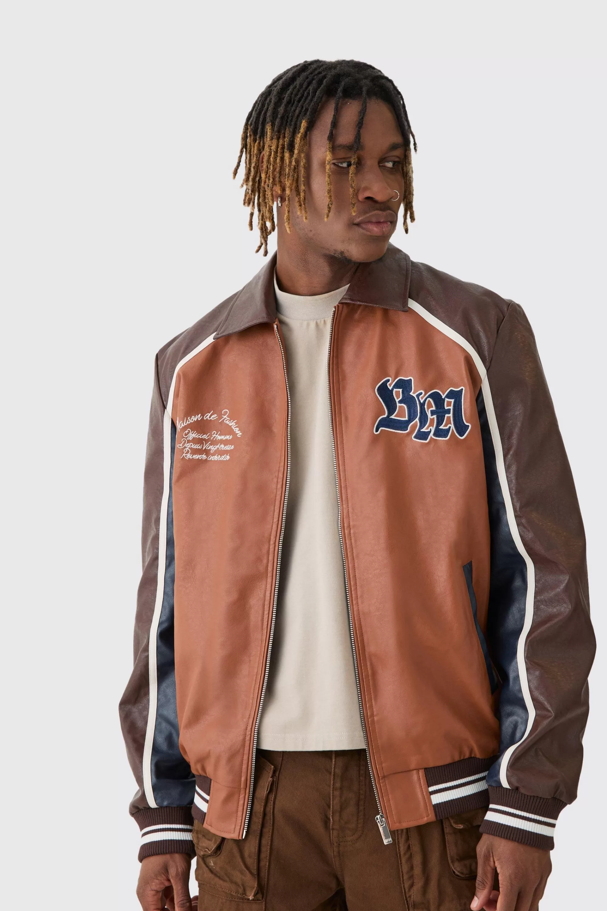 boohooMAN Tall BM Badge Collared PU Varsity Jacket In | UK