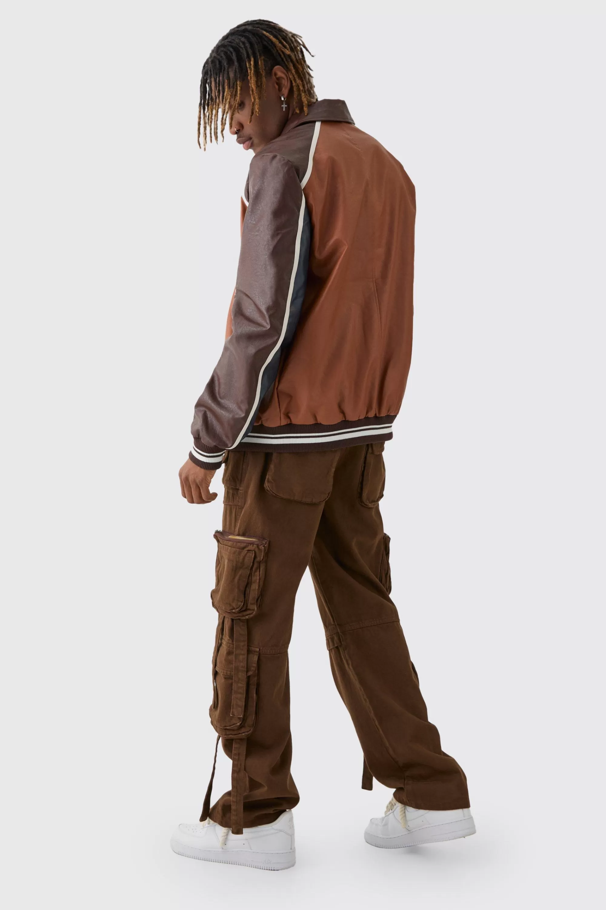 boohooMAN Tall BM Badge Collared PU Varsity Jacket In | UK