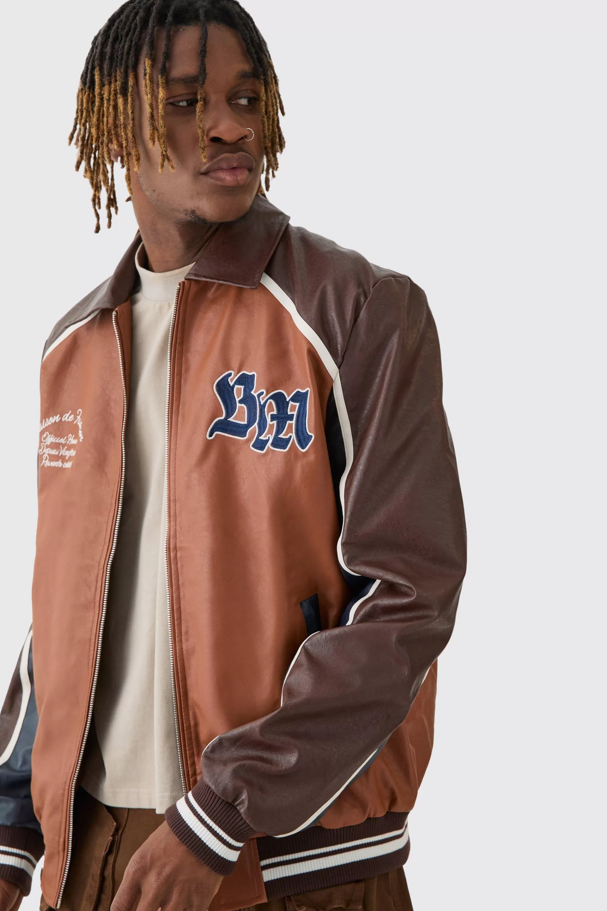 boohooMAN Tall BM Badge Collared PU Varsity Jacket In | UK