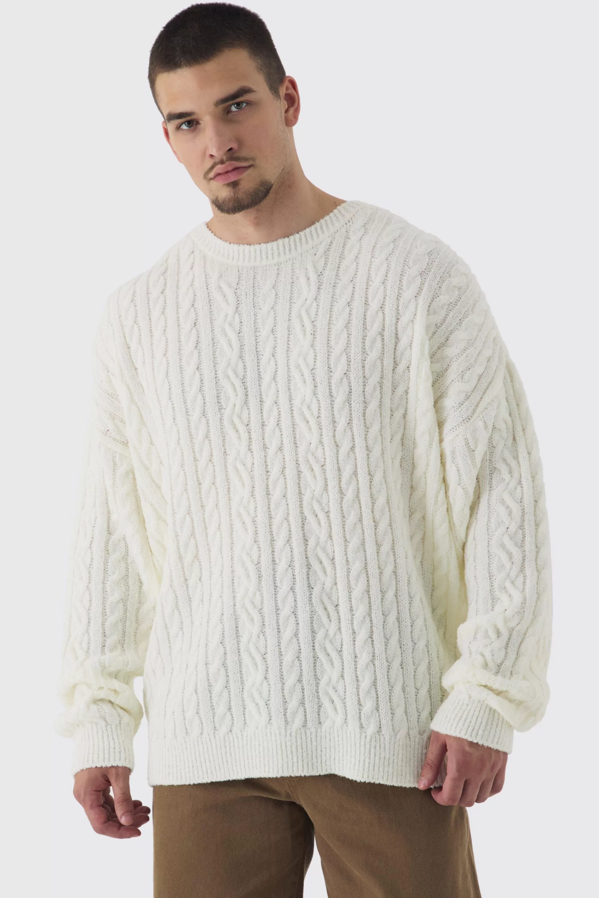 boohooMAN Tall Boucle Cable Knit Boxy Jumper | UK