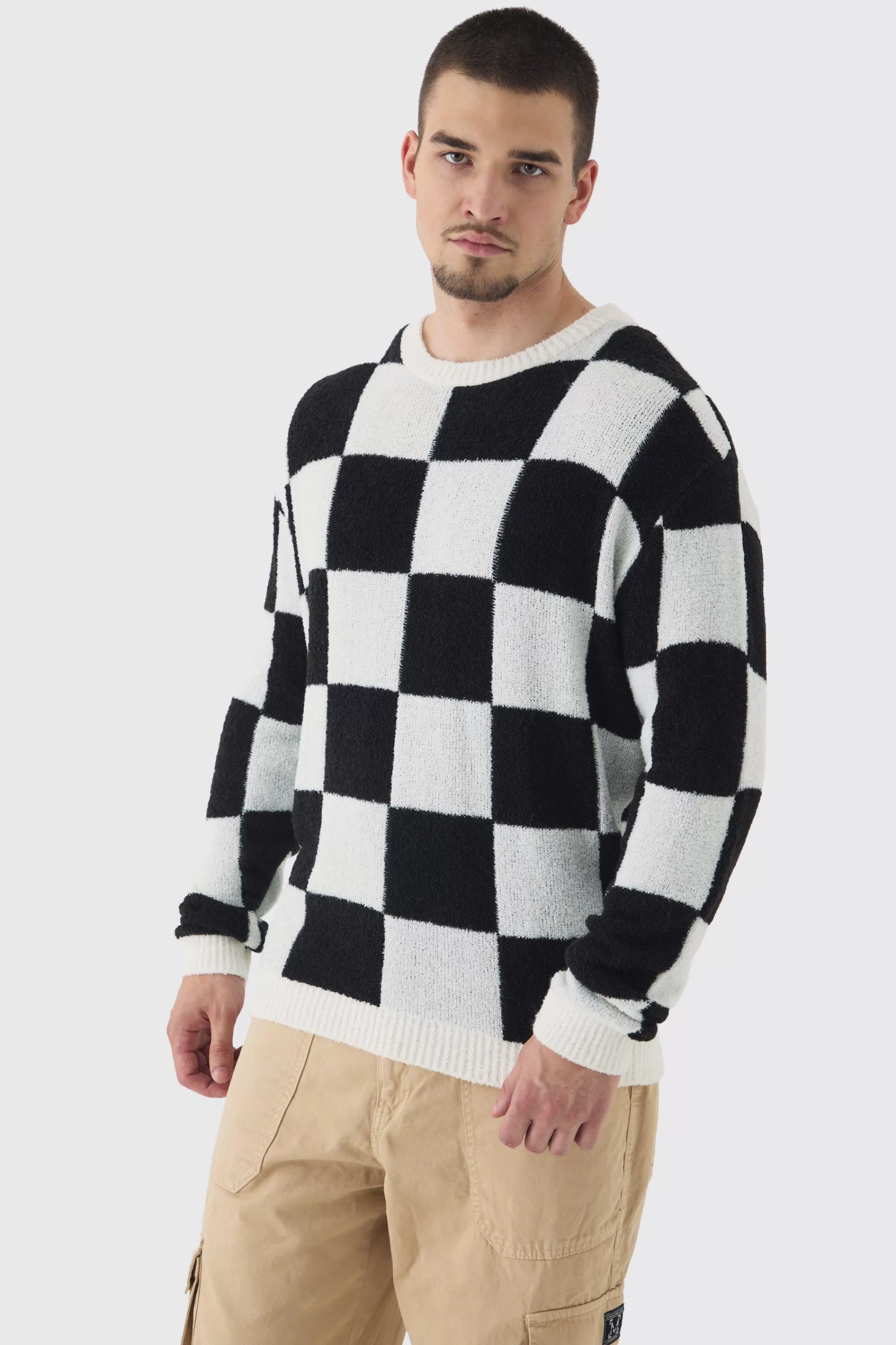 boohooMAN Tall Boucle Knit Checkered Crew Neck Jumper | UK