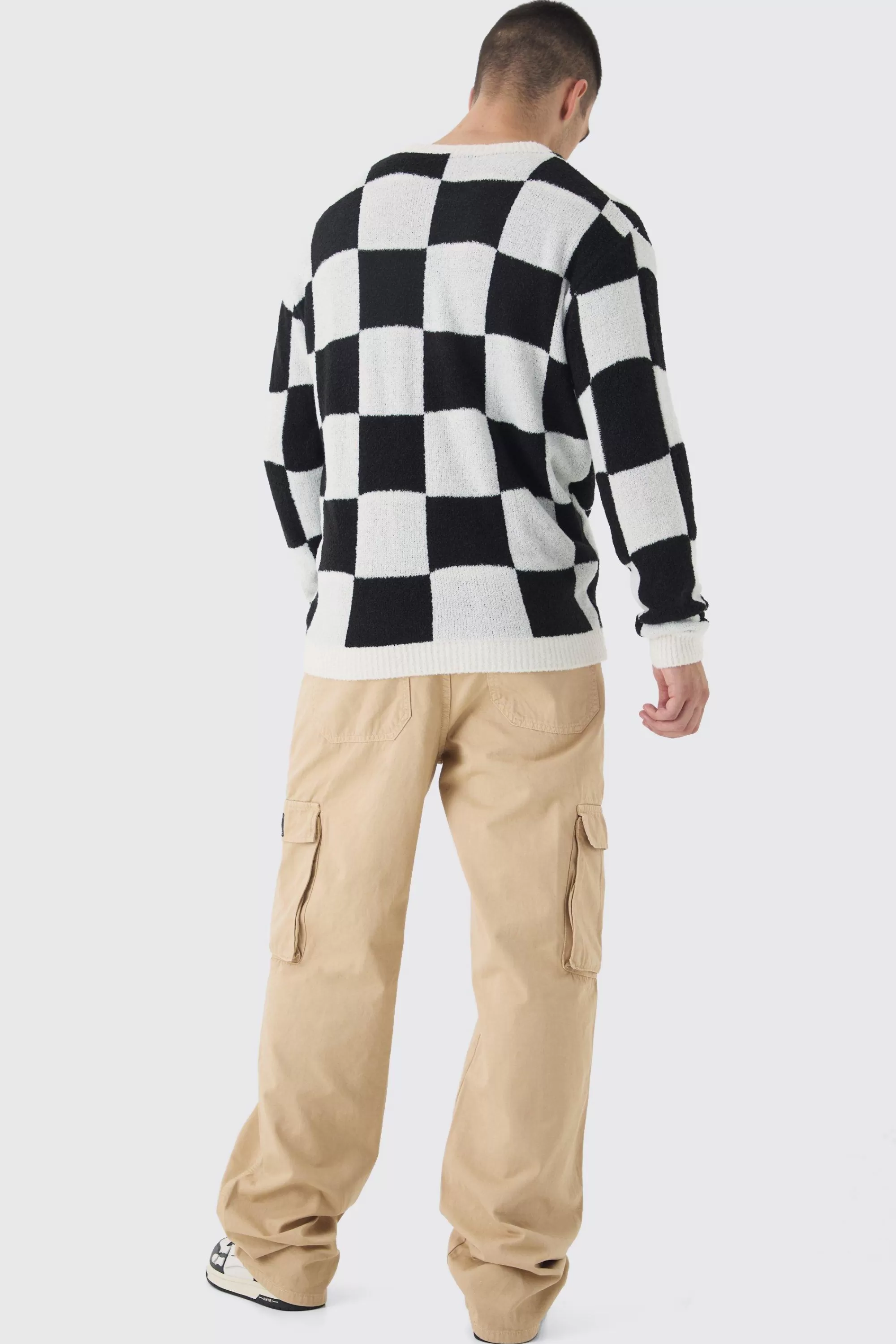 boohooMAN Tall Boucle Knit Checkered Crew Neck Jumper | UK