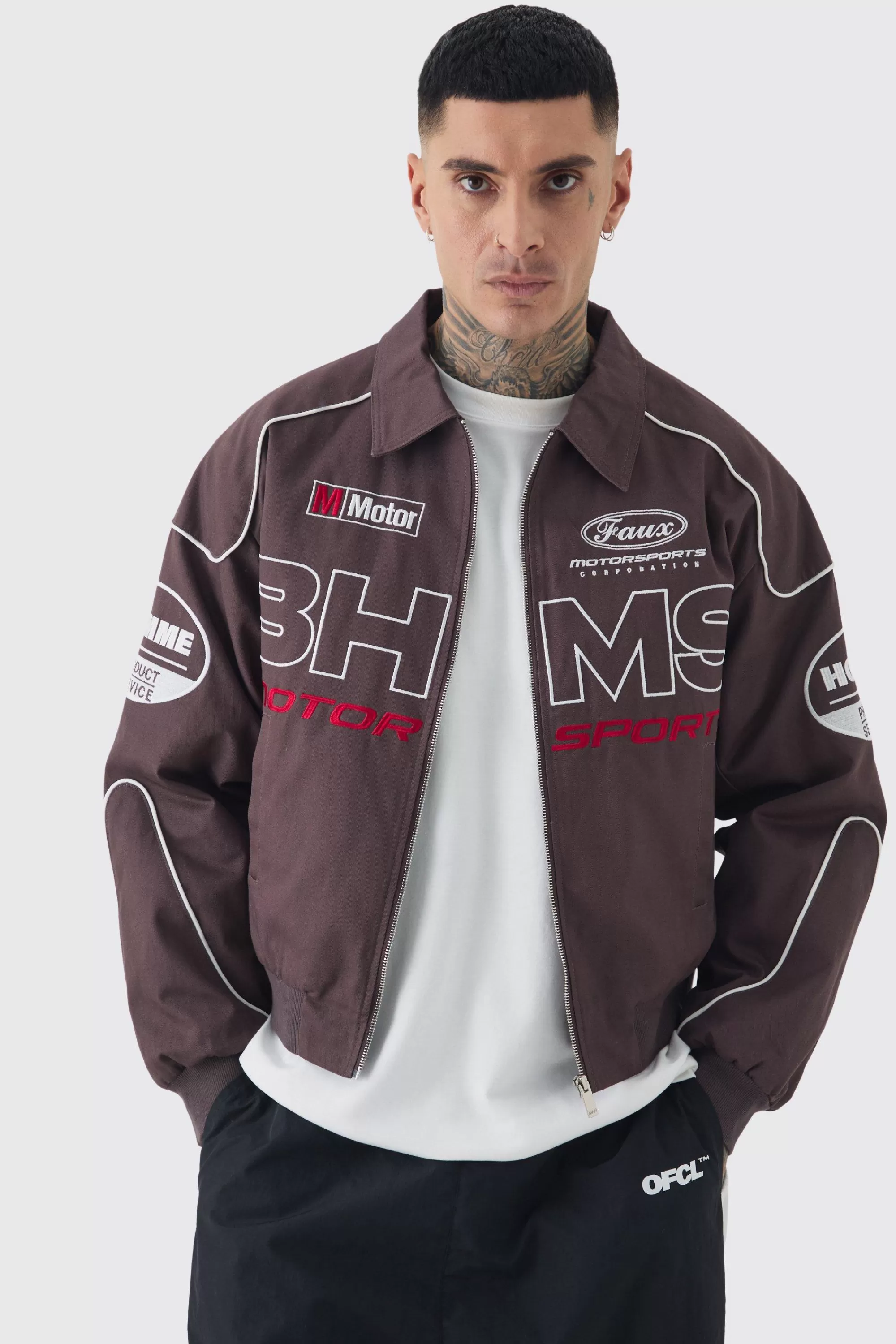 boohooMAN Tall Boxy Badge Twill Moto Jacket In | UK