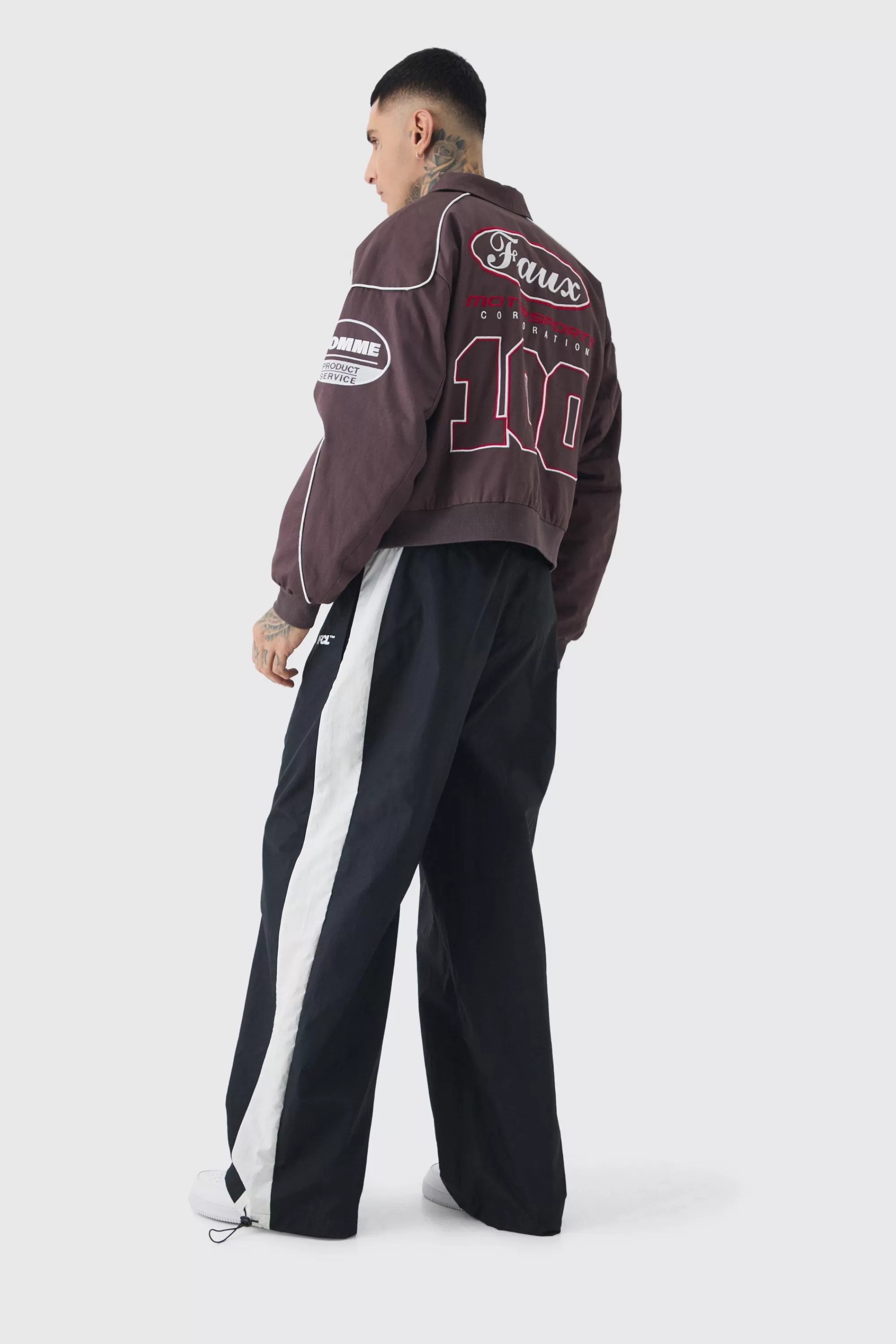 boohooMAN Tall Boxy Badge Twill Moto Jacket In | UK