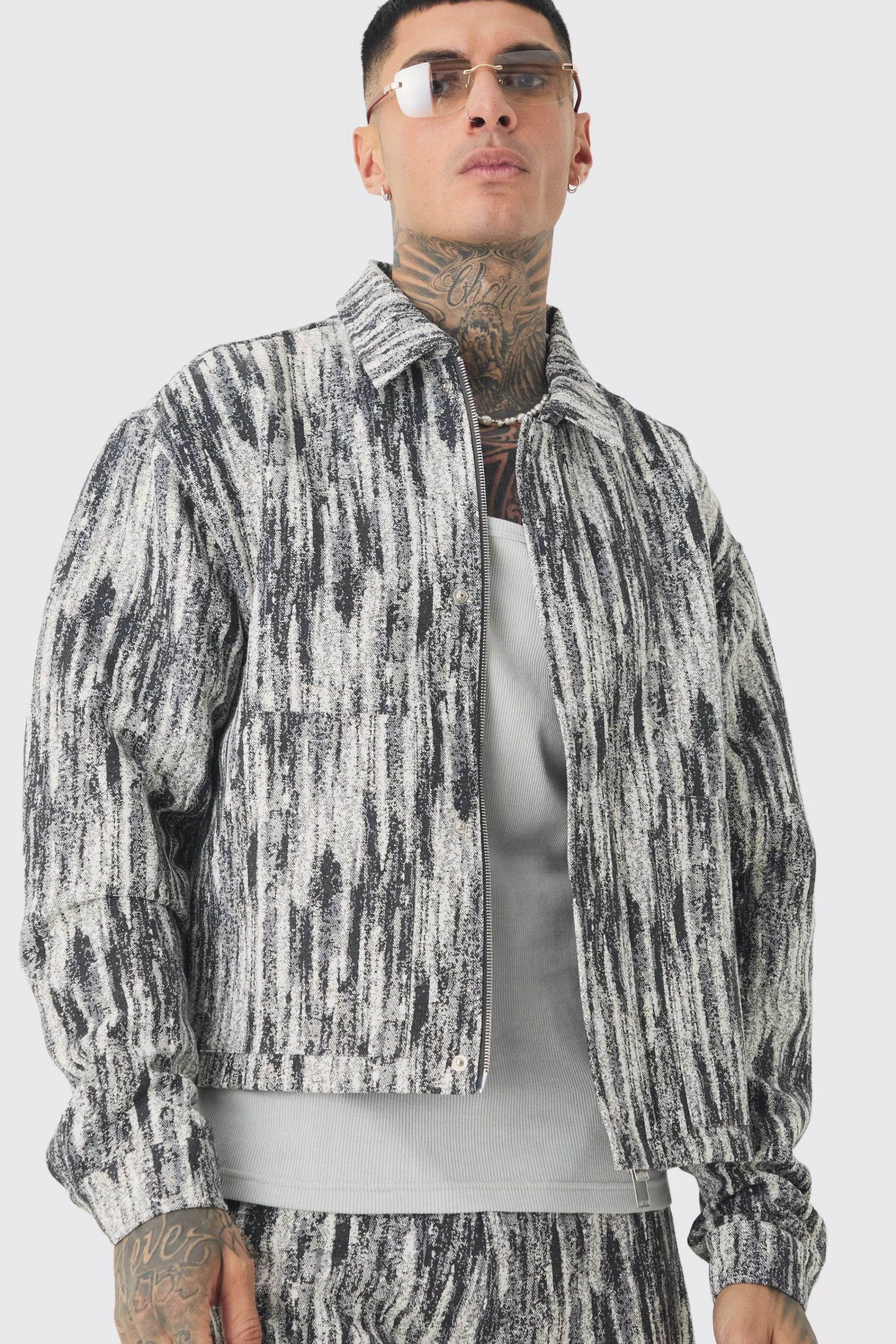 boohooMAN Tall Boxy Fit Fabric Interest Denim Jacket | UK