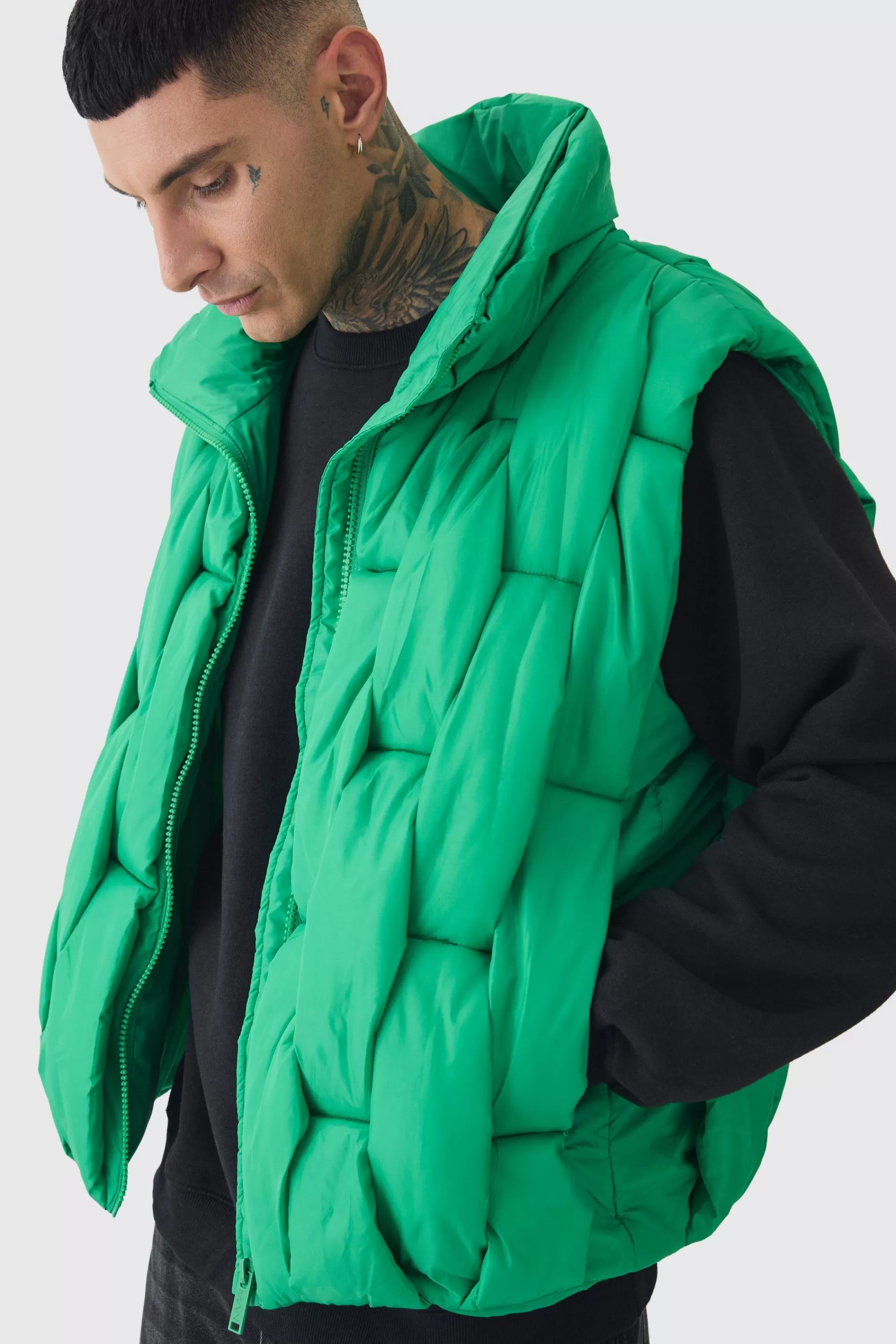 boohooMAN Tall Boxy Fit Hand Weft Padded Gilet In | UK