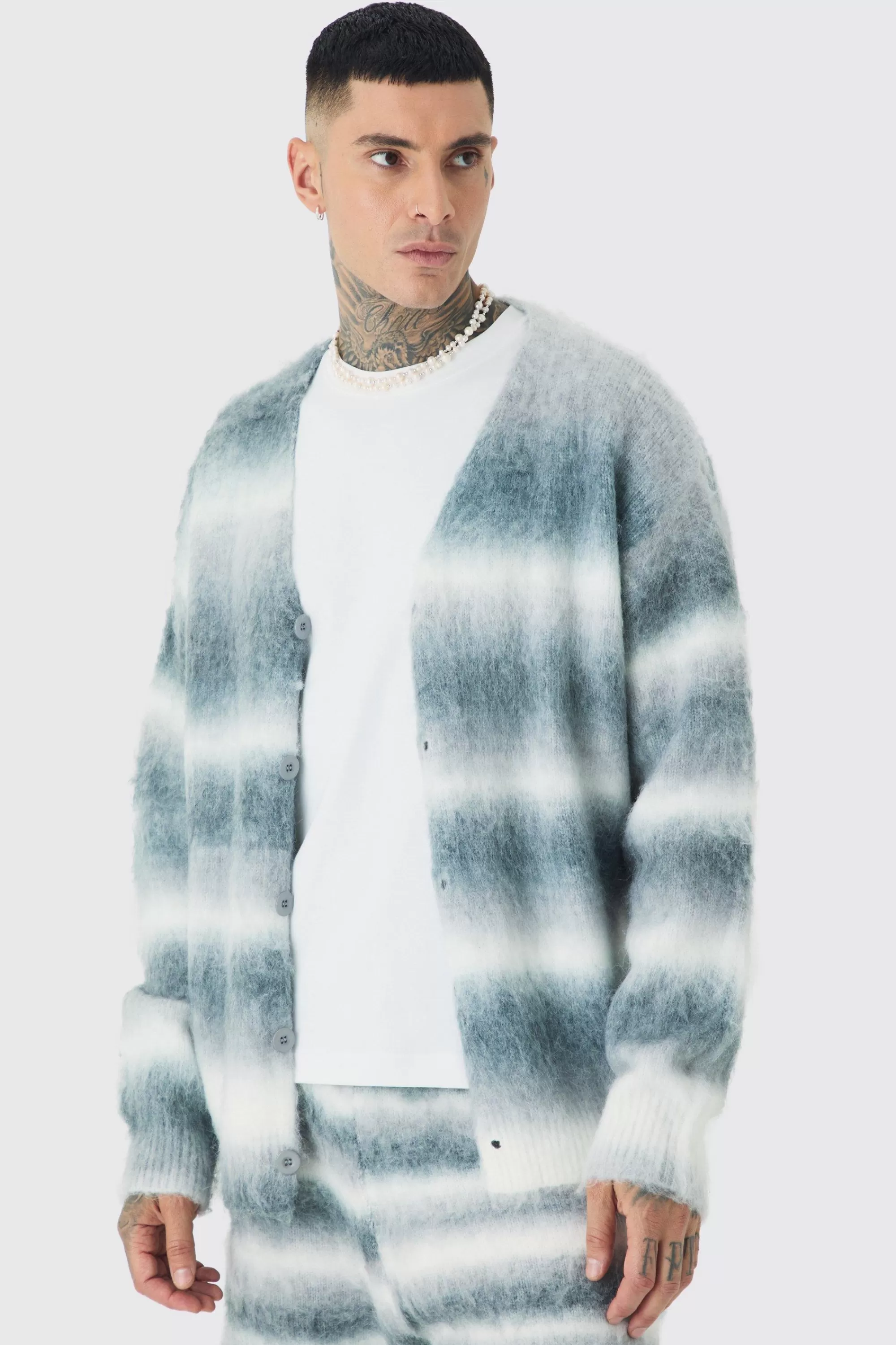 boohooMAN Tall Boxy Fit Knitted Brushed Stripe Cardigan | UK
