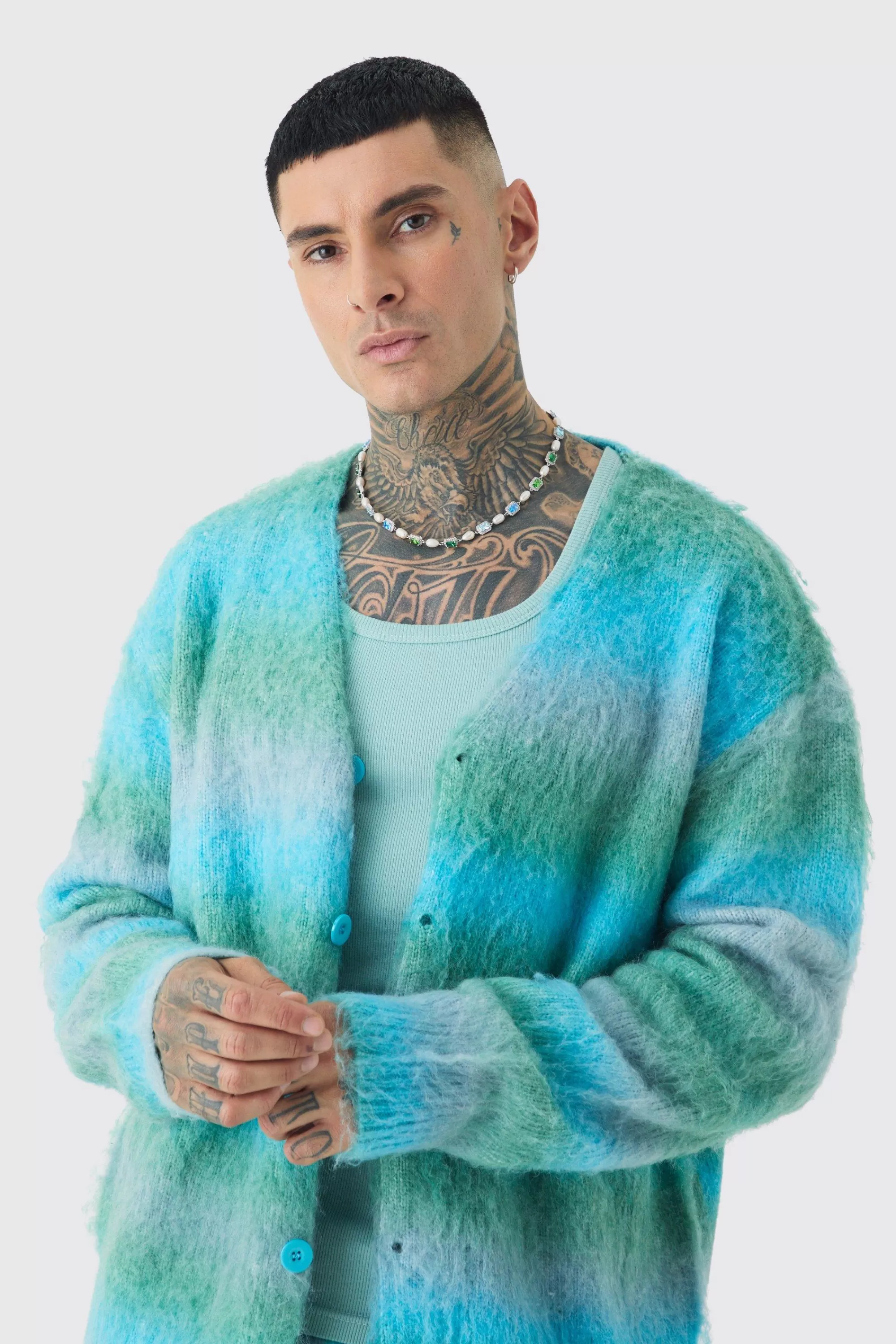 boohooMAN Tall Boxy Fit Knitted Brushed Stripe Cardigan | UK