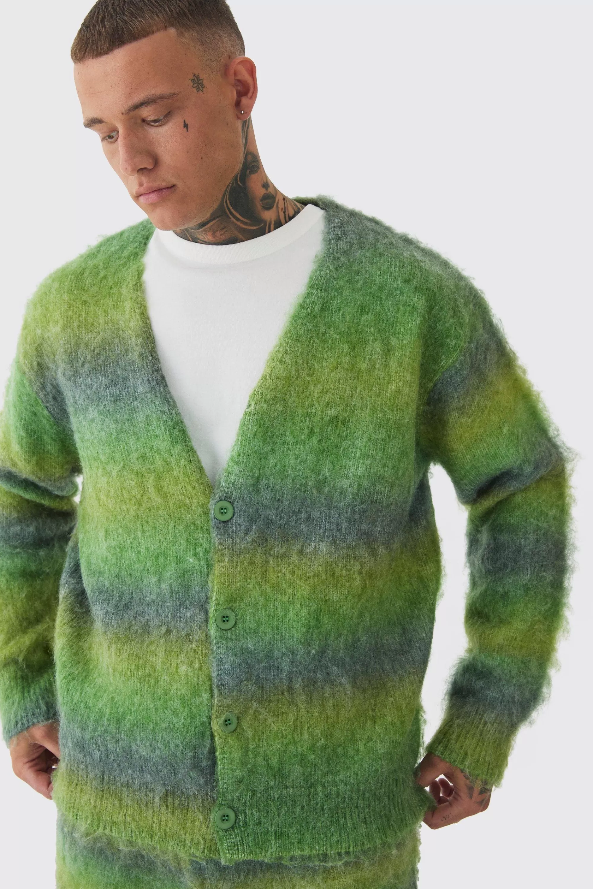 boohooMAN Tall Boxy Fit Knitted Brushed Stripe Cardigan | UK