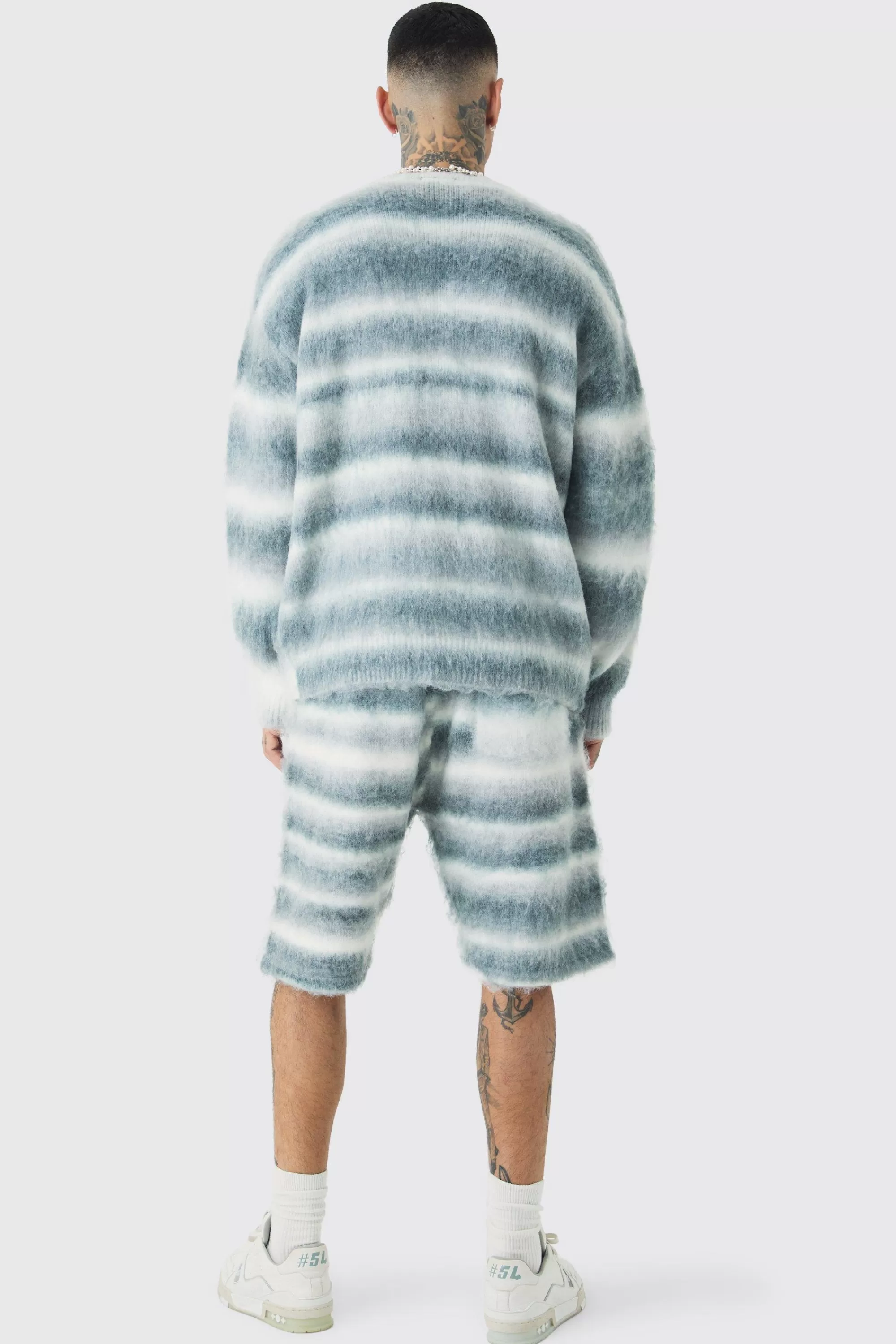 boohooMAN Tall Boxy Fit Knitted Brushed Stripe Cardigan | UK