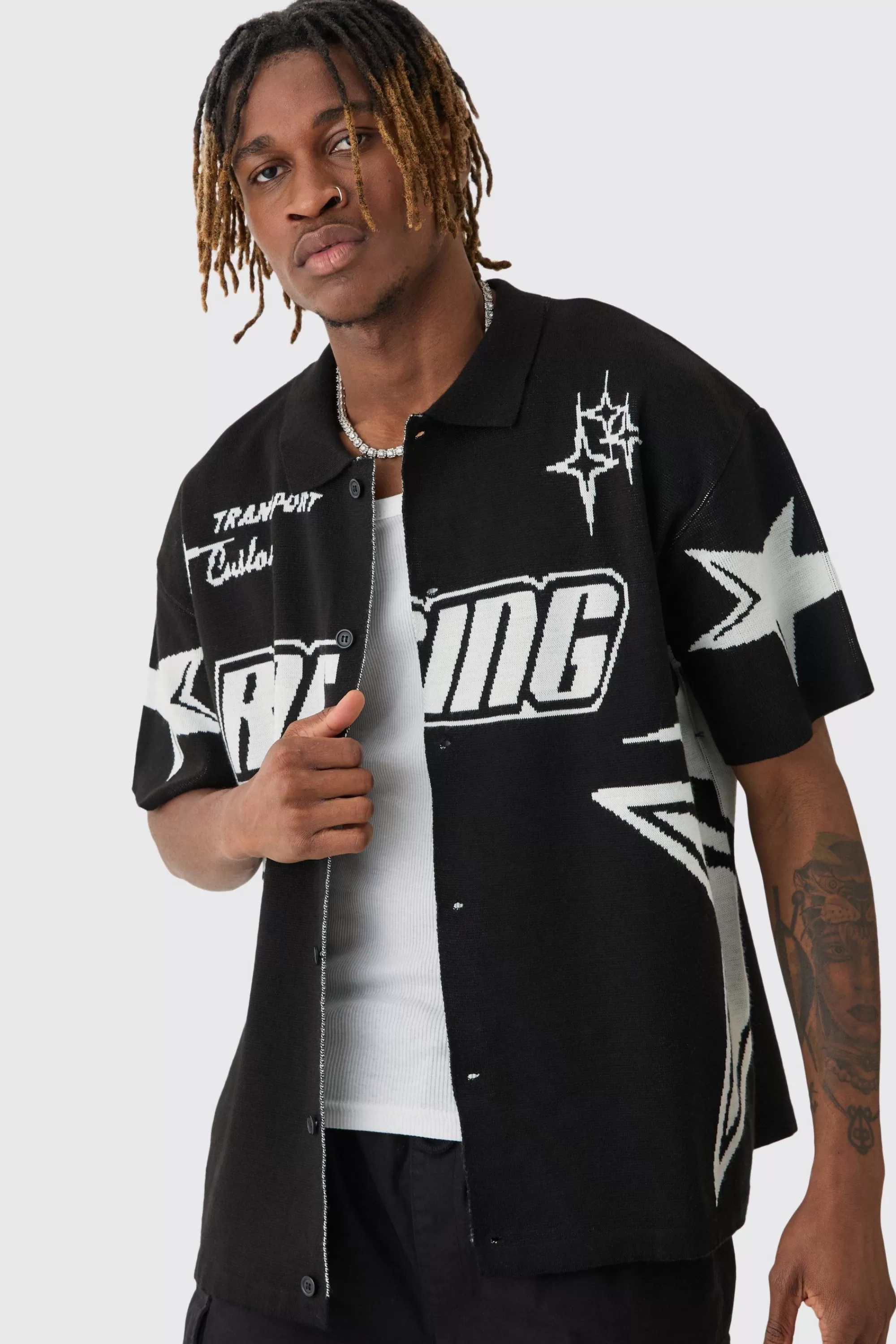 boohooMAN Tall Boxy Fit Knitted Moto Shirt | UK