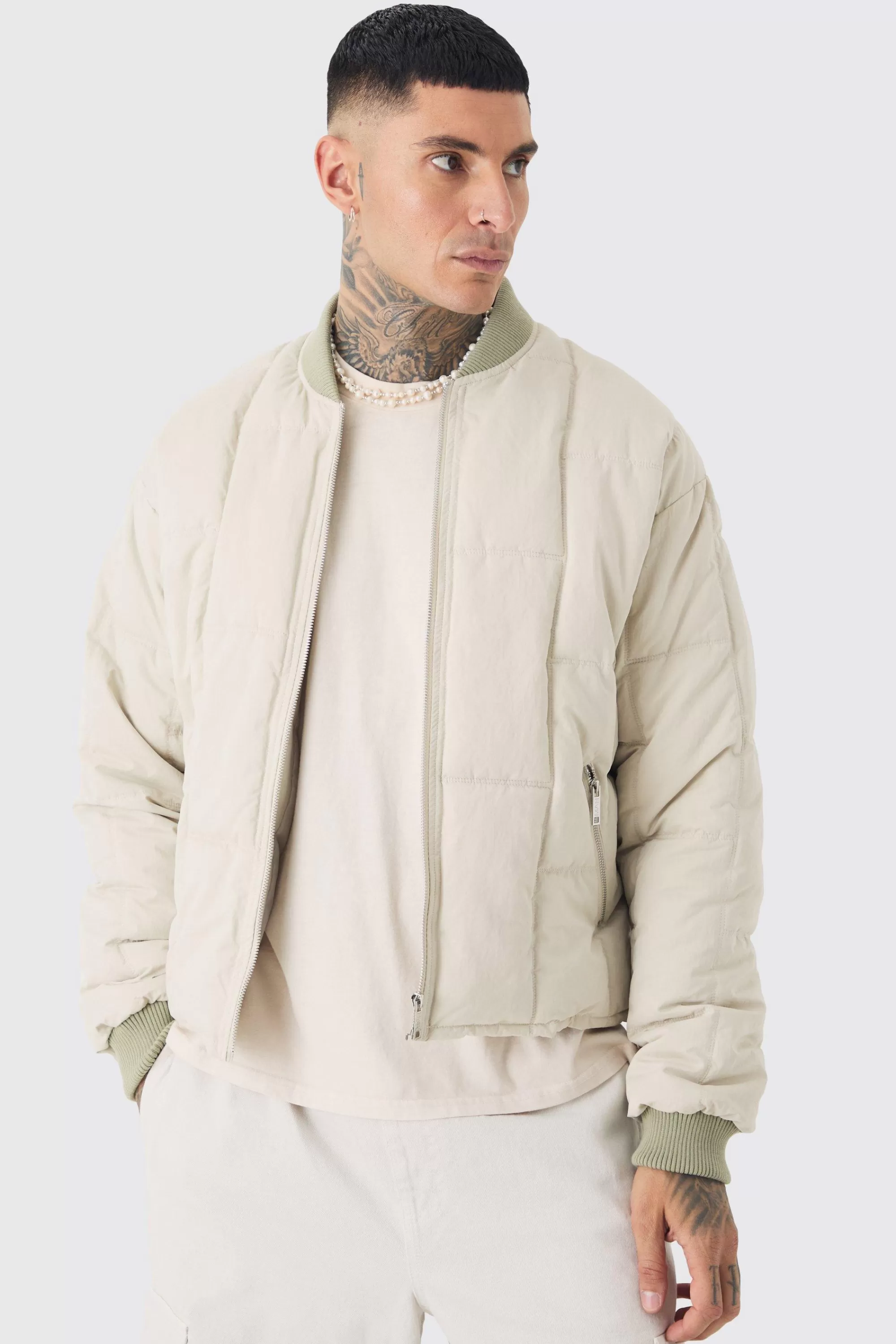 boohooMAN Tall Boxy Quilted Bomber Jacket In | UK