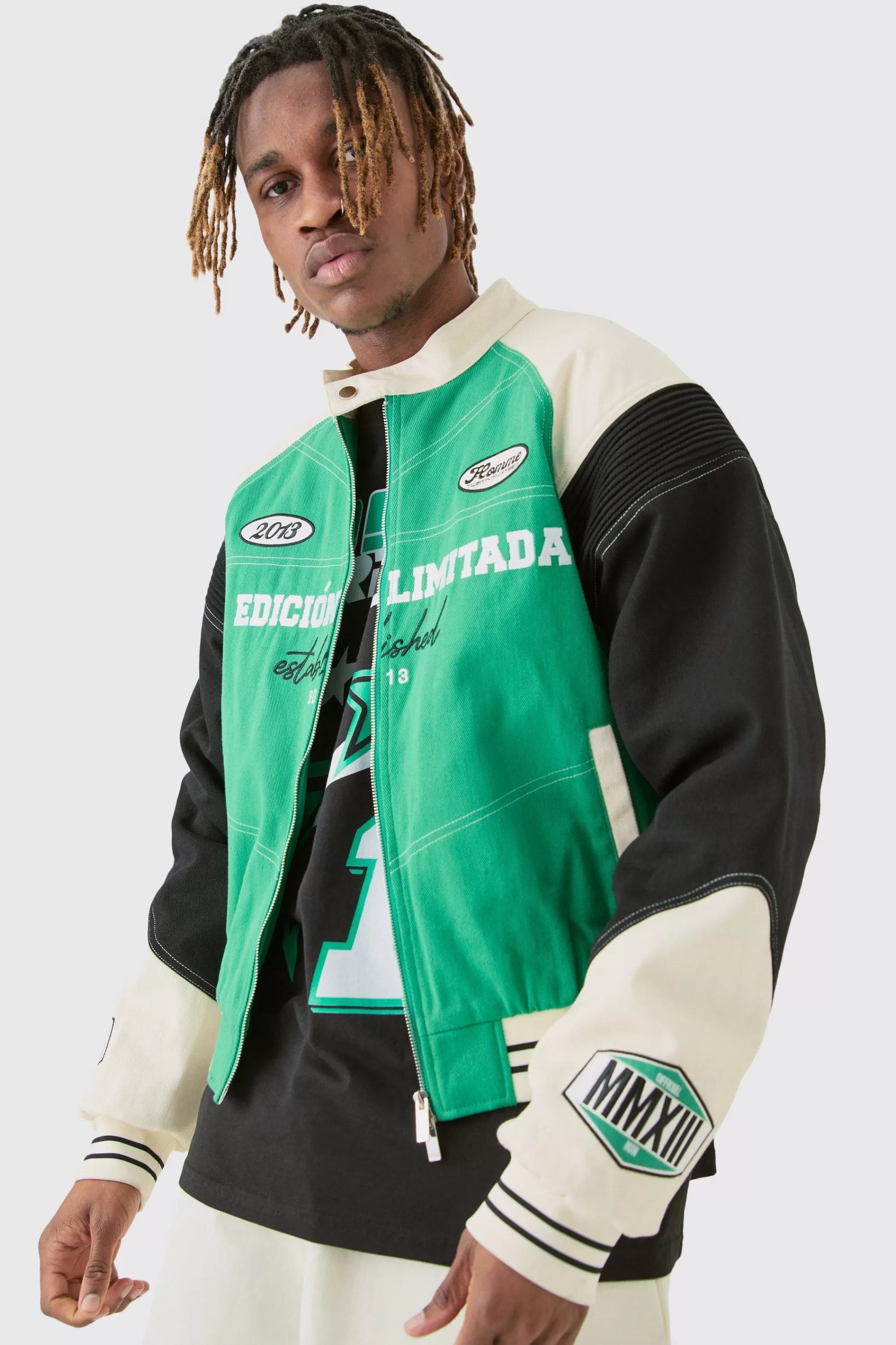 boohooMAN Tall Boxy Twill Biker Panel Moto Jacket | UK