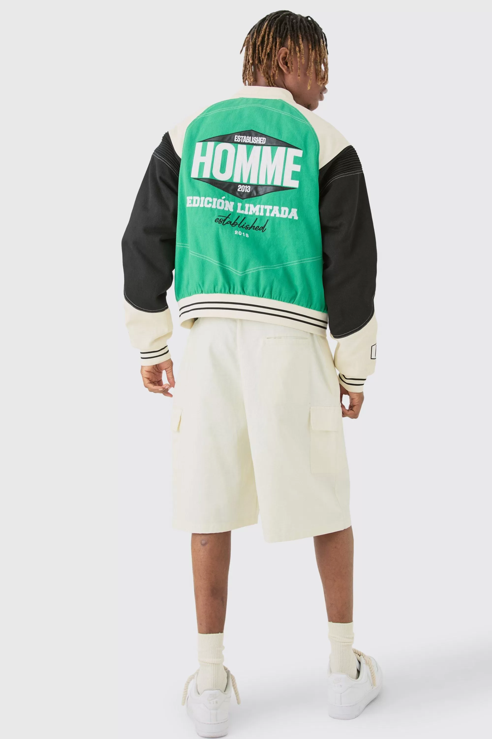 boohooMAN Tall Boxy Twill Biker Panel Moto Jacket | UK