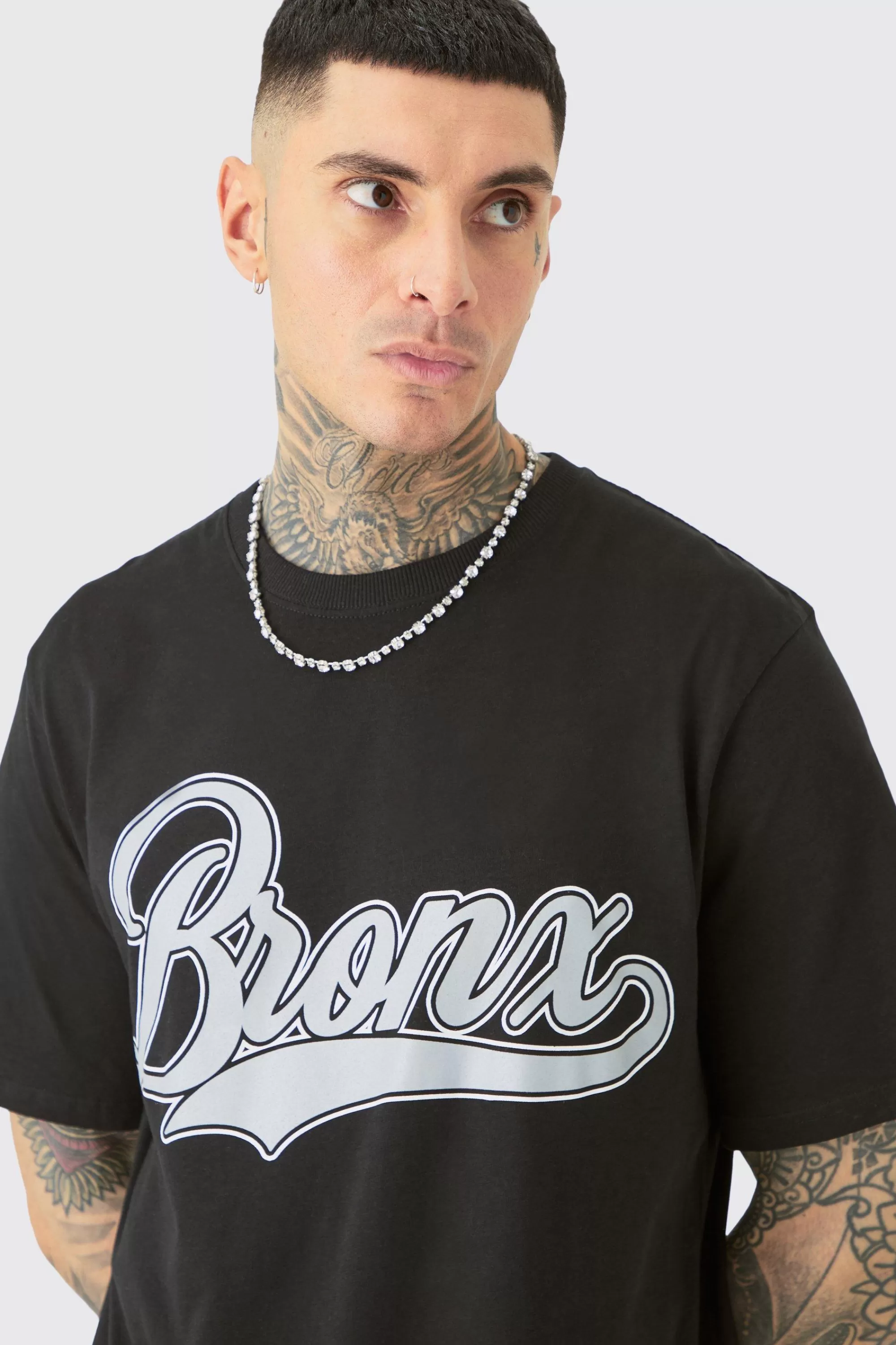 boohooMAN Tall Bronx Varsity Print T-shirt & Short Set | UK