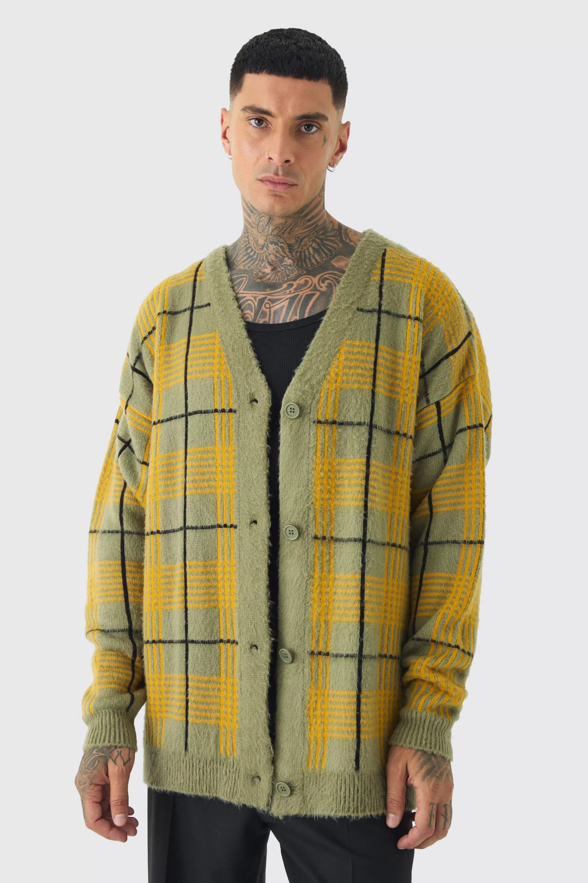 boohooMAN Tall Brushed Knit Check Drop Shoulder Cardigan | UK