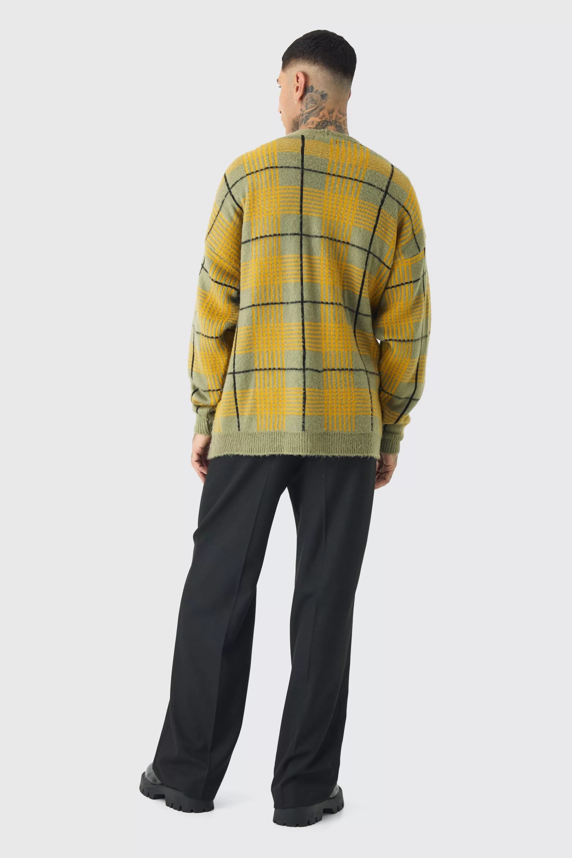 boohooMAN Tall Brushed Knit Check Drop Shoulder Cardigan | UK