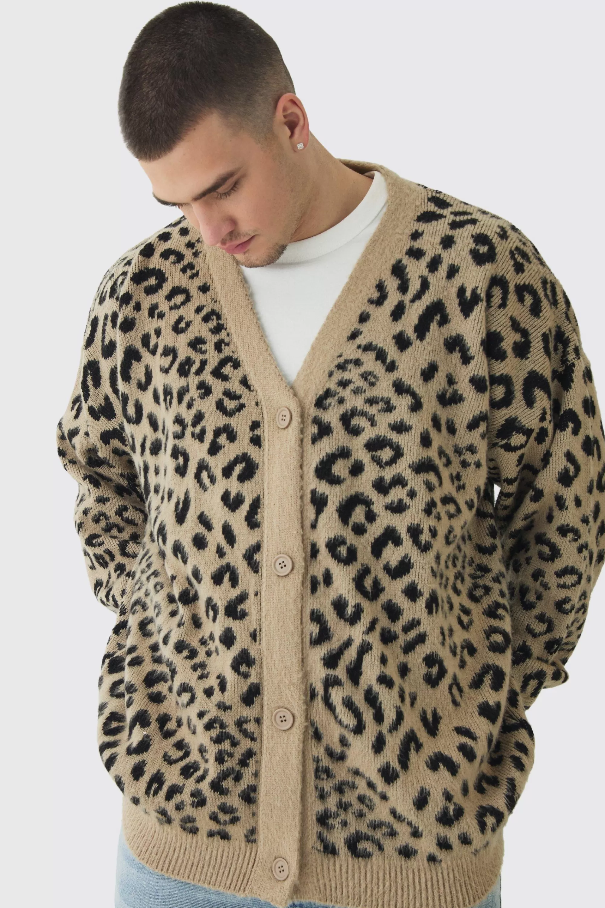 boohooMAN Tall Brushed Knit Leopard Print Oversized Cardigan | UK