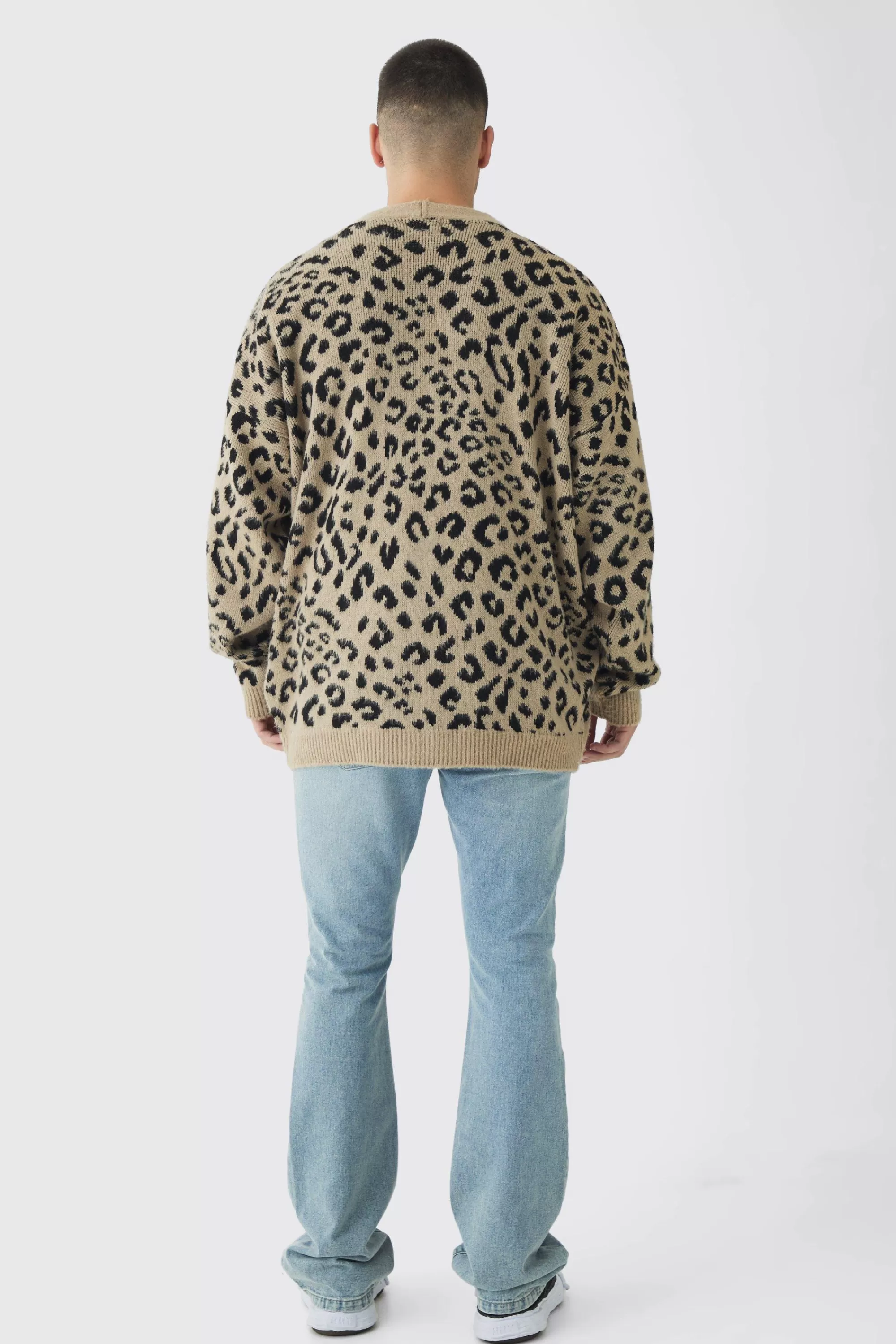 boohooMAN Tall Brushed Knit Leopard Print Oversized Cardigan | UK