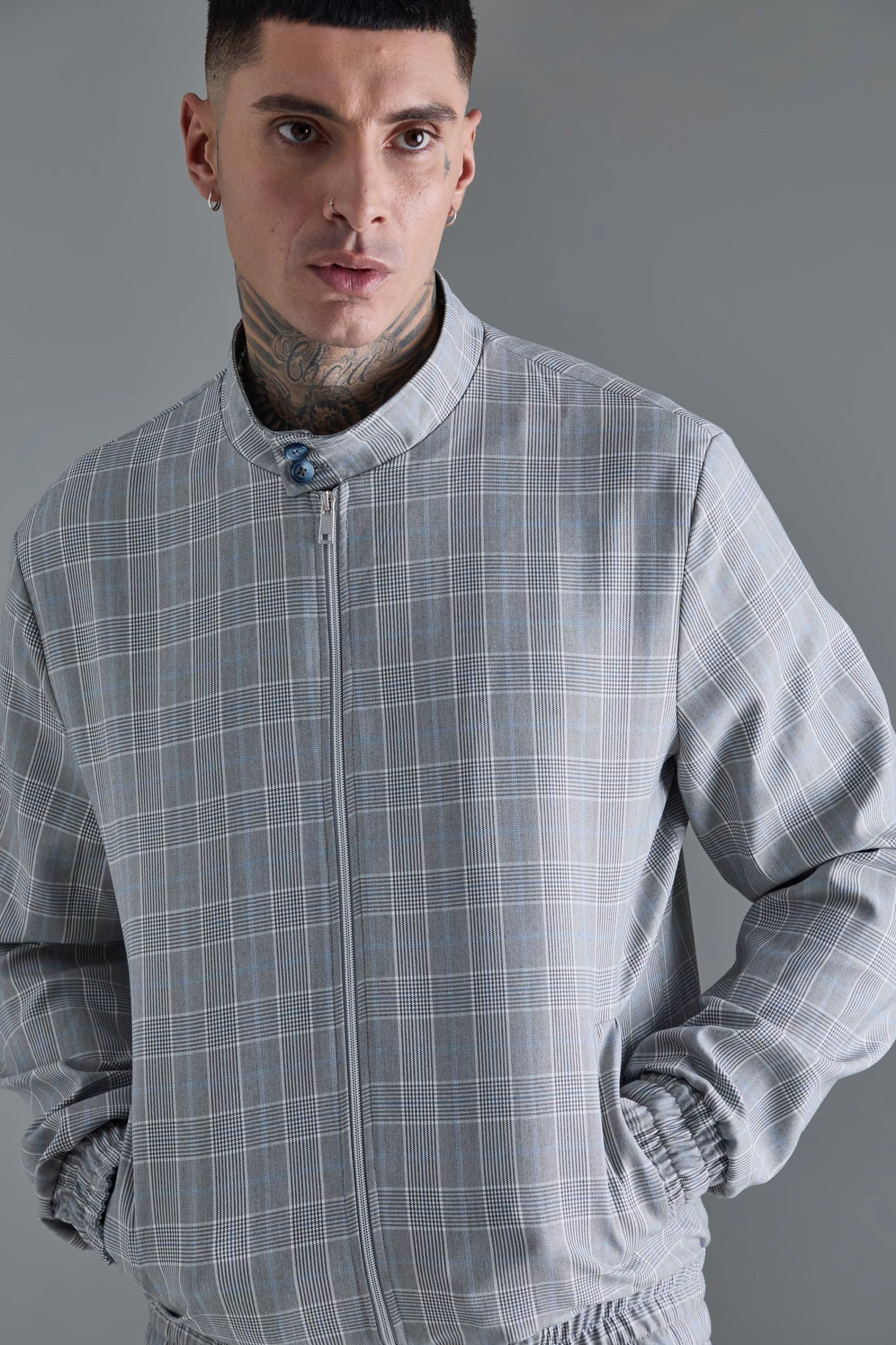 boohooMAN Tall Check High Neck Zip Up Smart Funnel Neck Jacket | UK