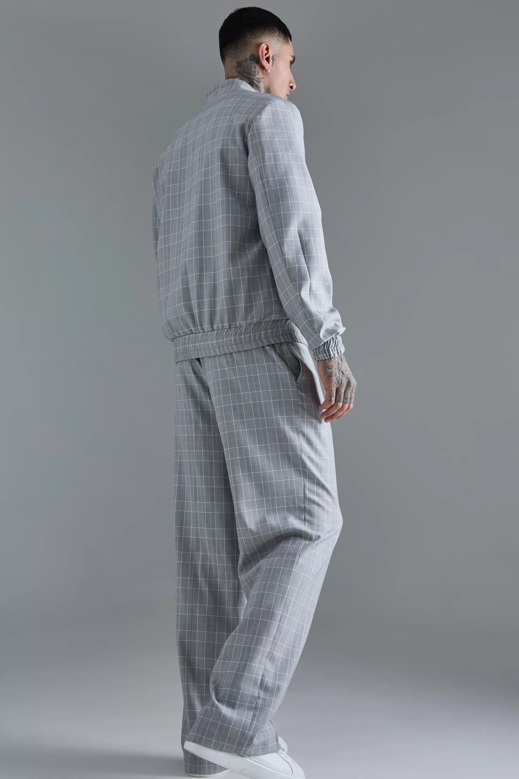 boohooMAN Tall Check Tailored Wide Leg Trousers | UK