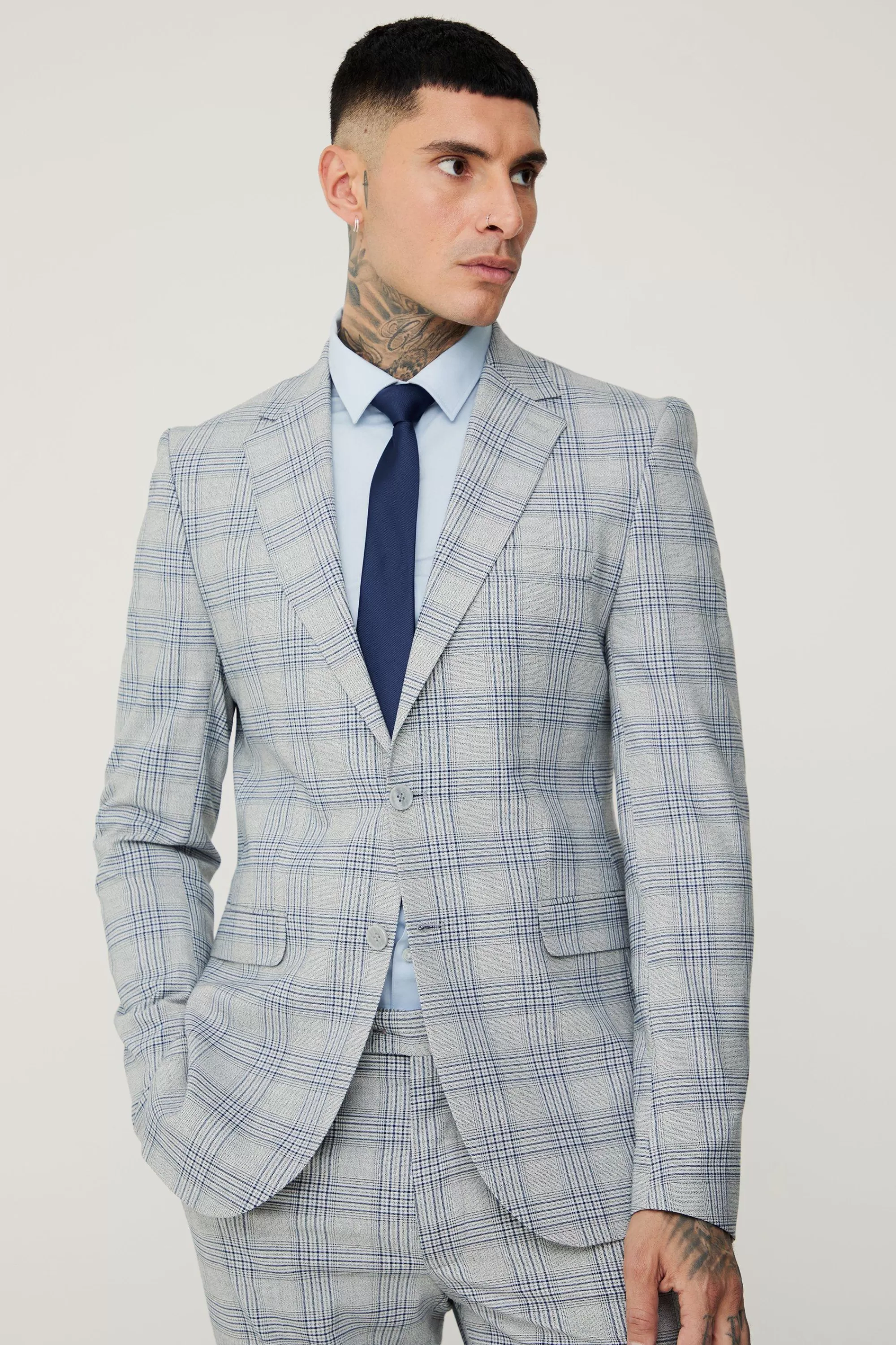 boohooMAN Tall Checked Skinny Fit Blazer | UK
