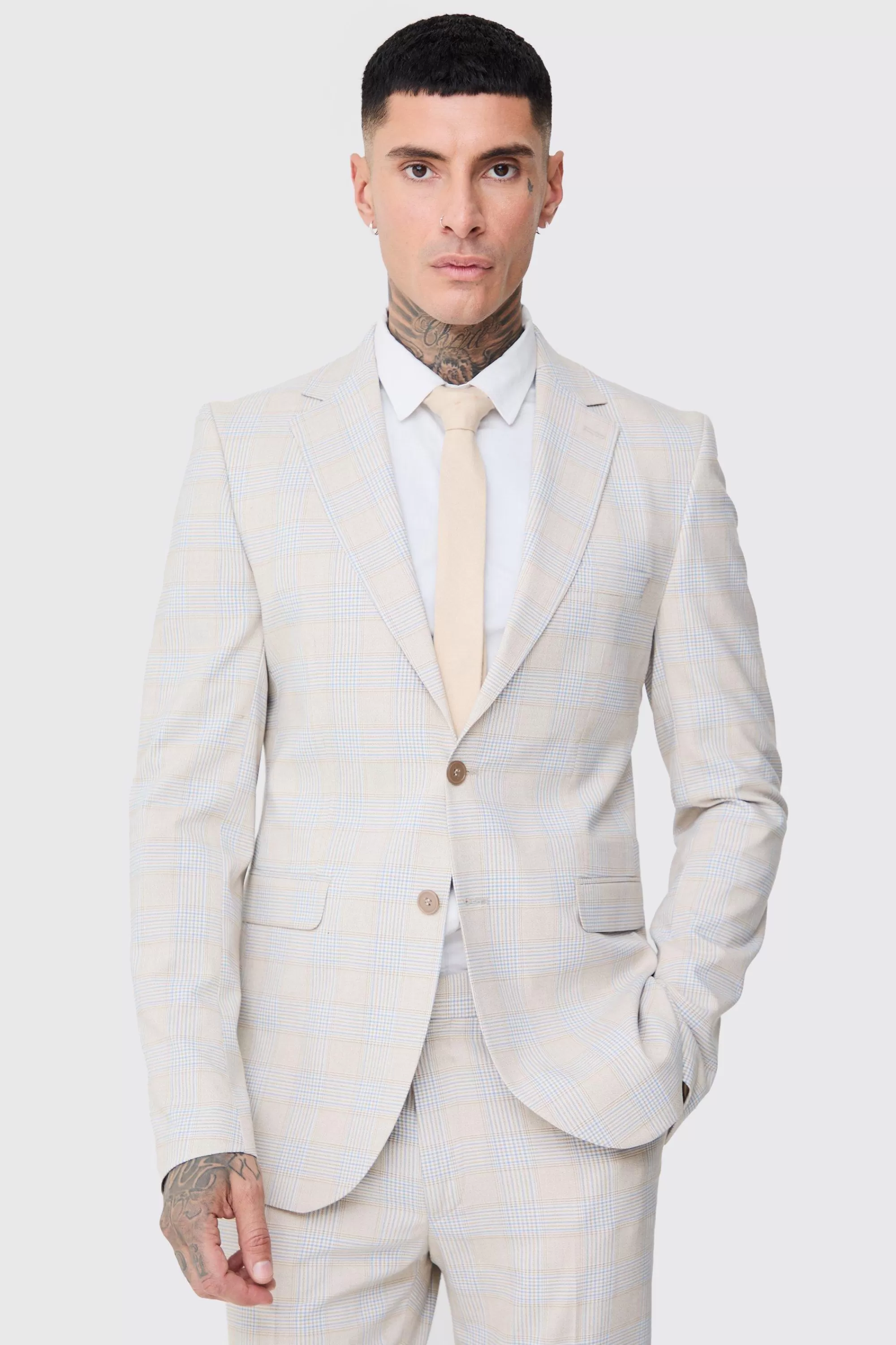 boohooMAN Tall Checked Skinny Fit Blazer | UK