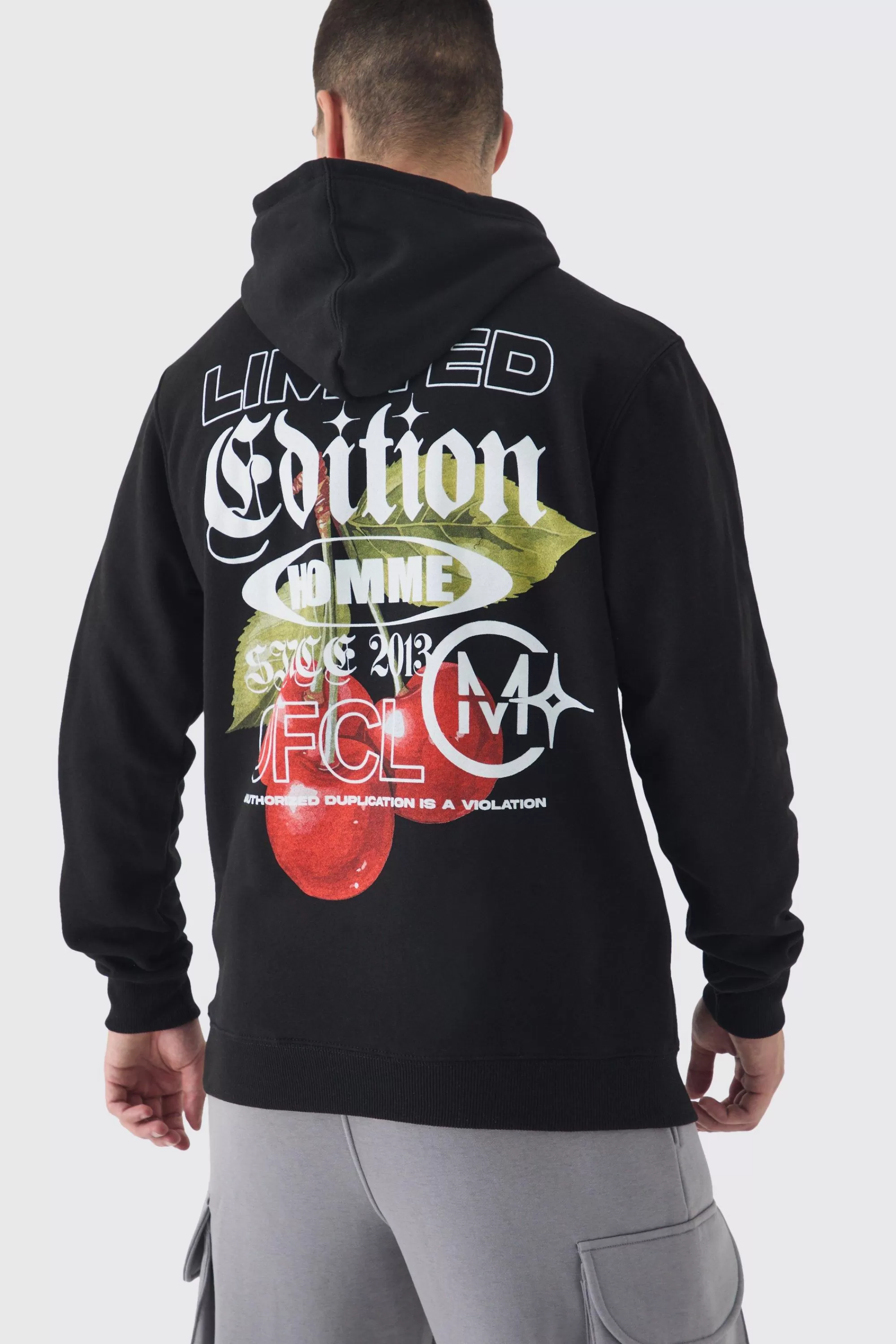 boohooMAN Tall Cherry Graphic Back Print Oversized Hoodie | UK