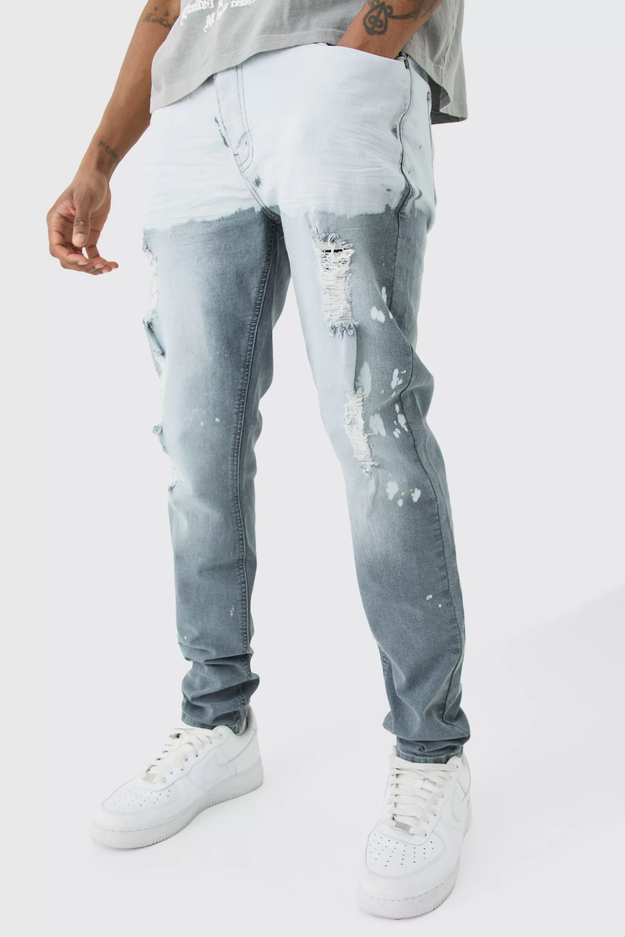 boohooMAN Tall Stretch Skinny Paint Effect Jean | UK