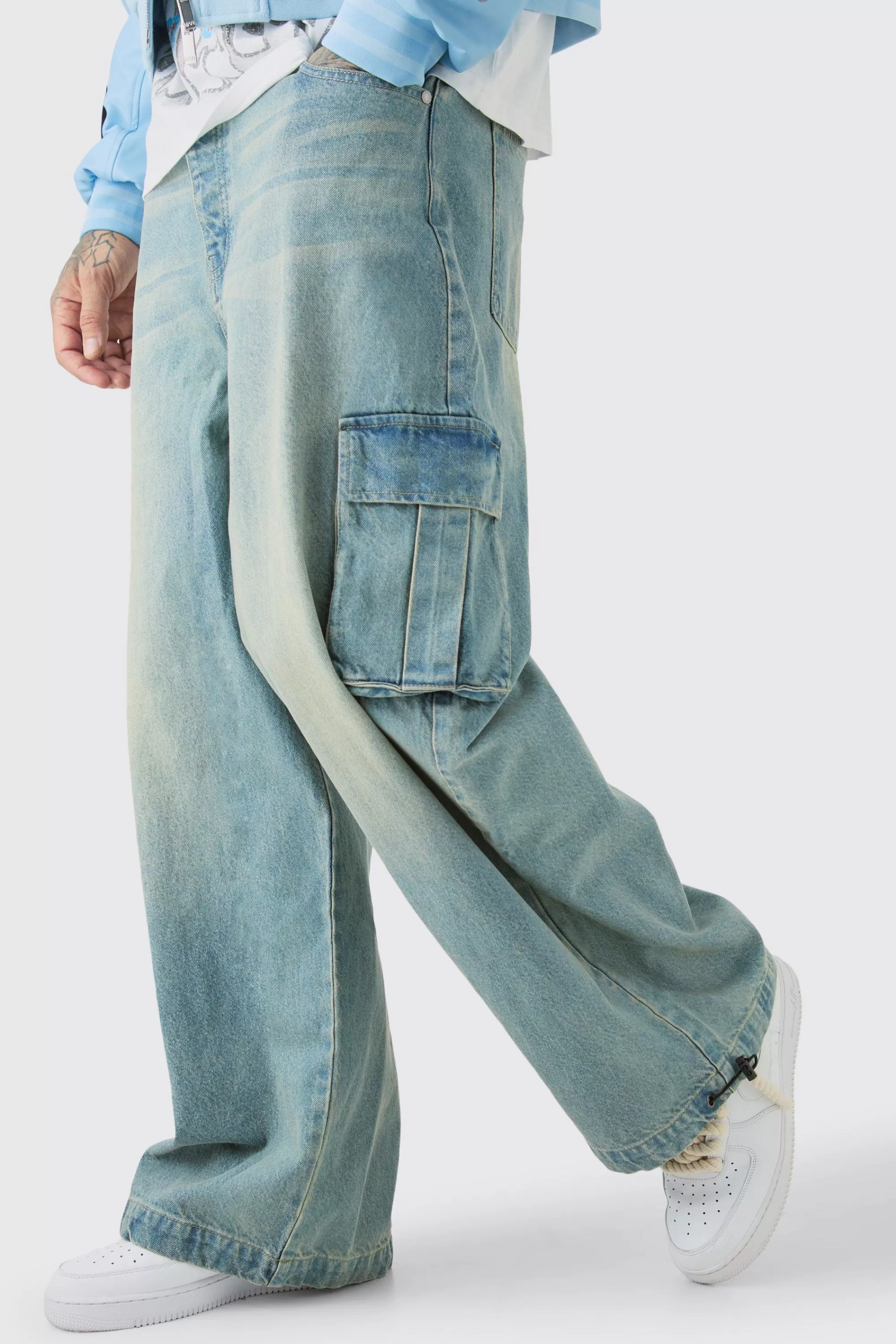 boohooMAN Tall Denim Cargo Parachute Jean | UK
