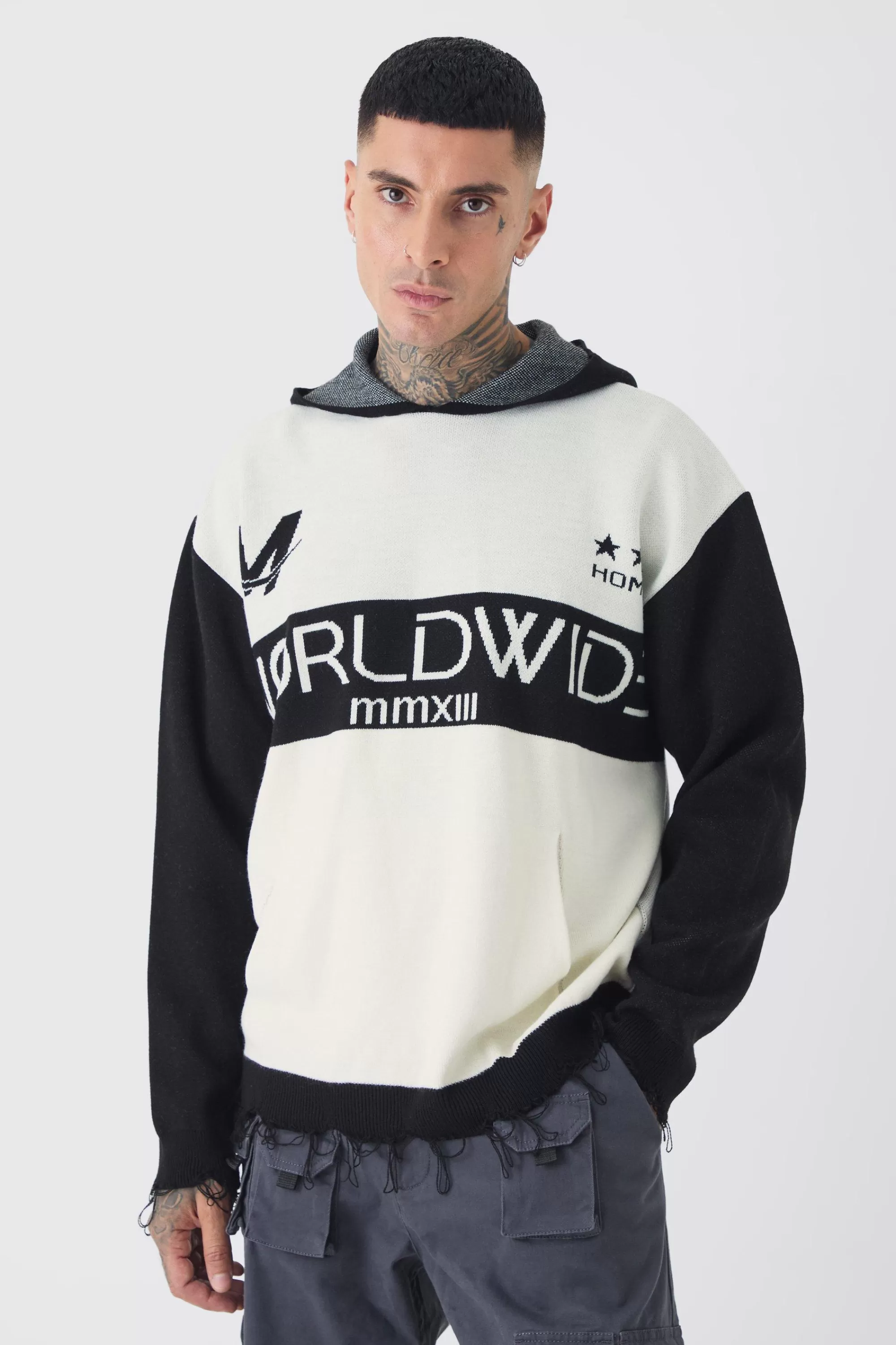 boohooMAN Tall Distressed Varsity Hoodie | UK