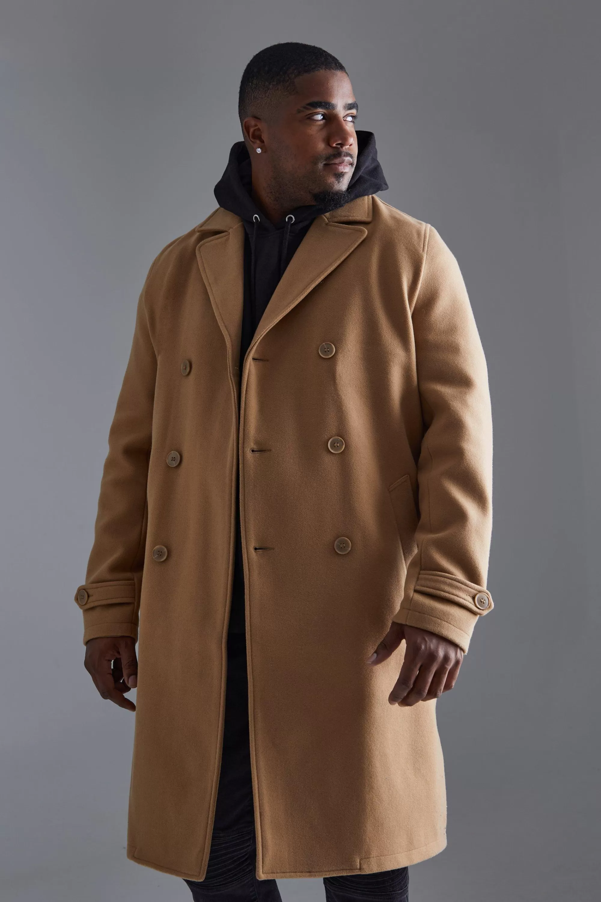 boohooMAN Tall Double Breasted Wool Look Overcoat In | UK