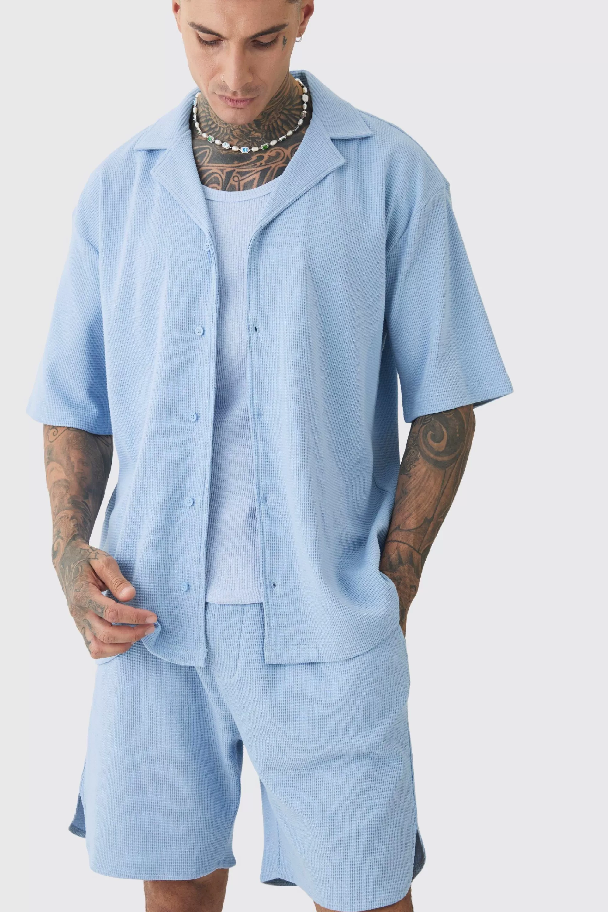 boohooMAN Tall Double Knit Jersey Texture Short Sleeve Shirt And Short Set | UK