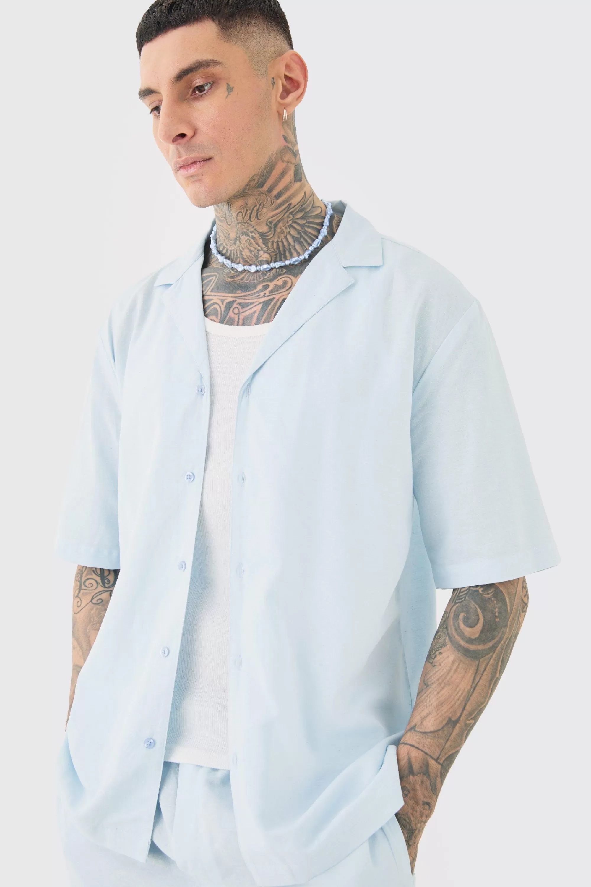 boohooMAN Tall Drop Revere Linen Shirt & Short Set In | UK