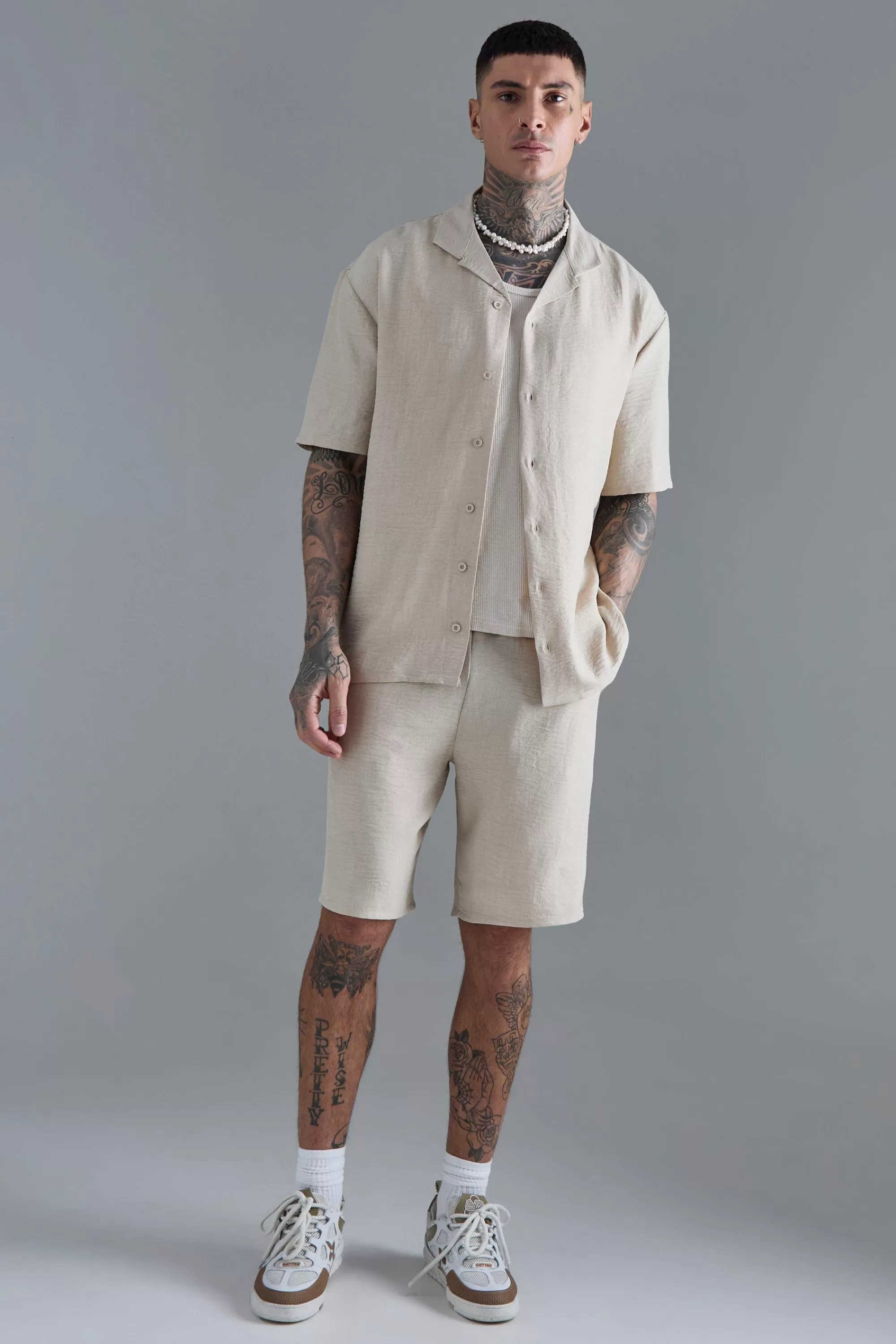 boohooMAN Tall Drop Revere Linen Shirt & Short Set In | UK