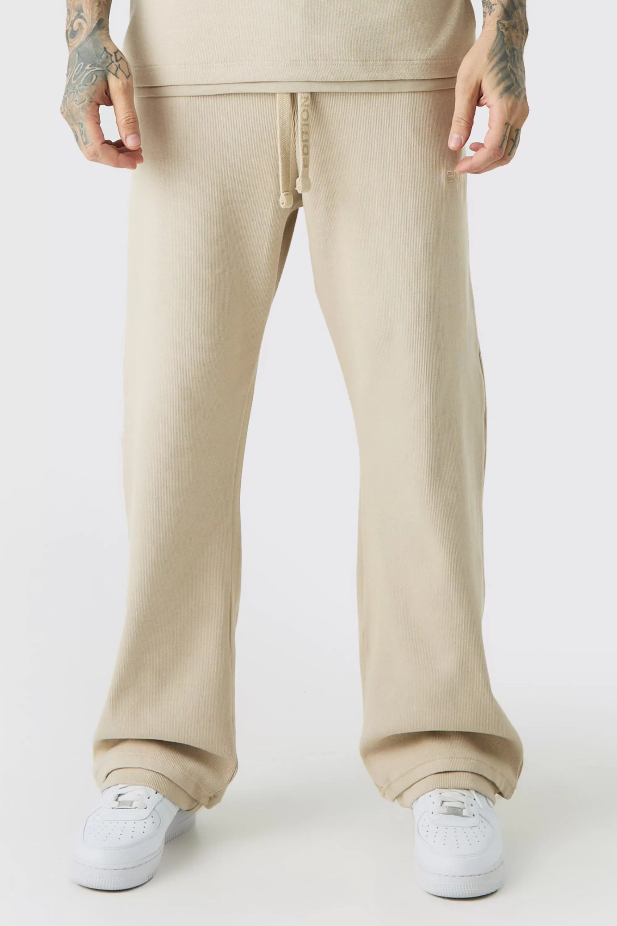 boohooMAN Tall EDITION Straight Ribbed Heavyweight Split Hem Jogger | UK