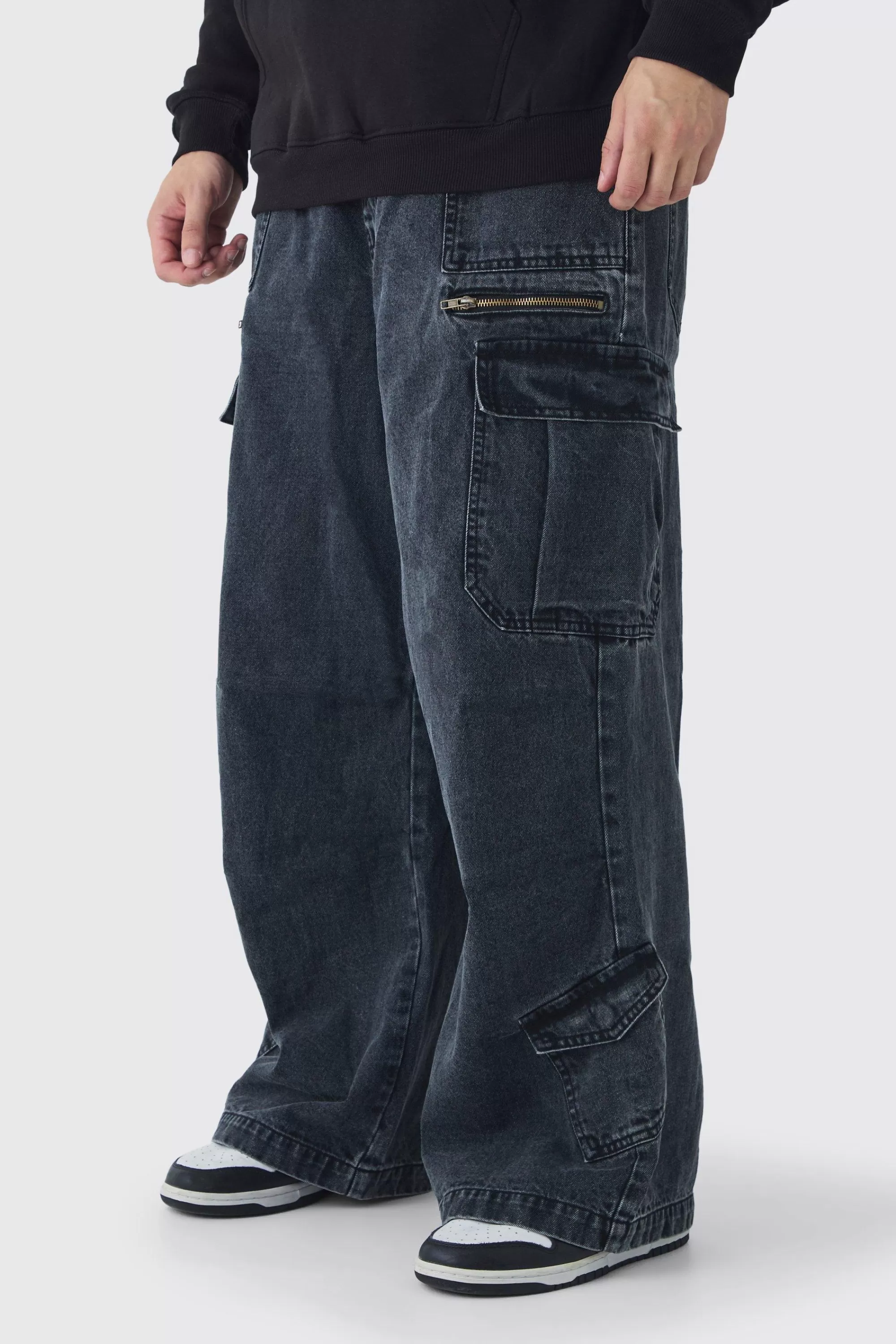 boohooMAN Tall Elasticated Waist Acid Wash Parachute Cargo Jeans | UK