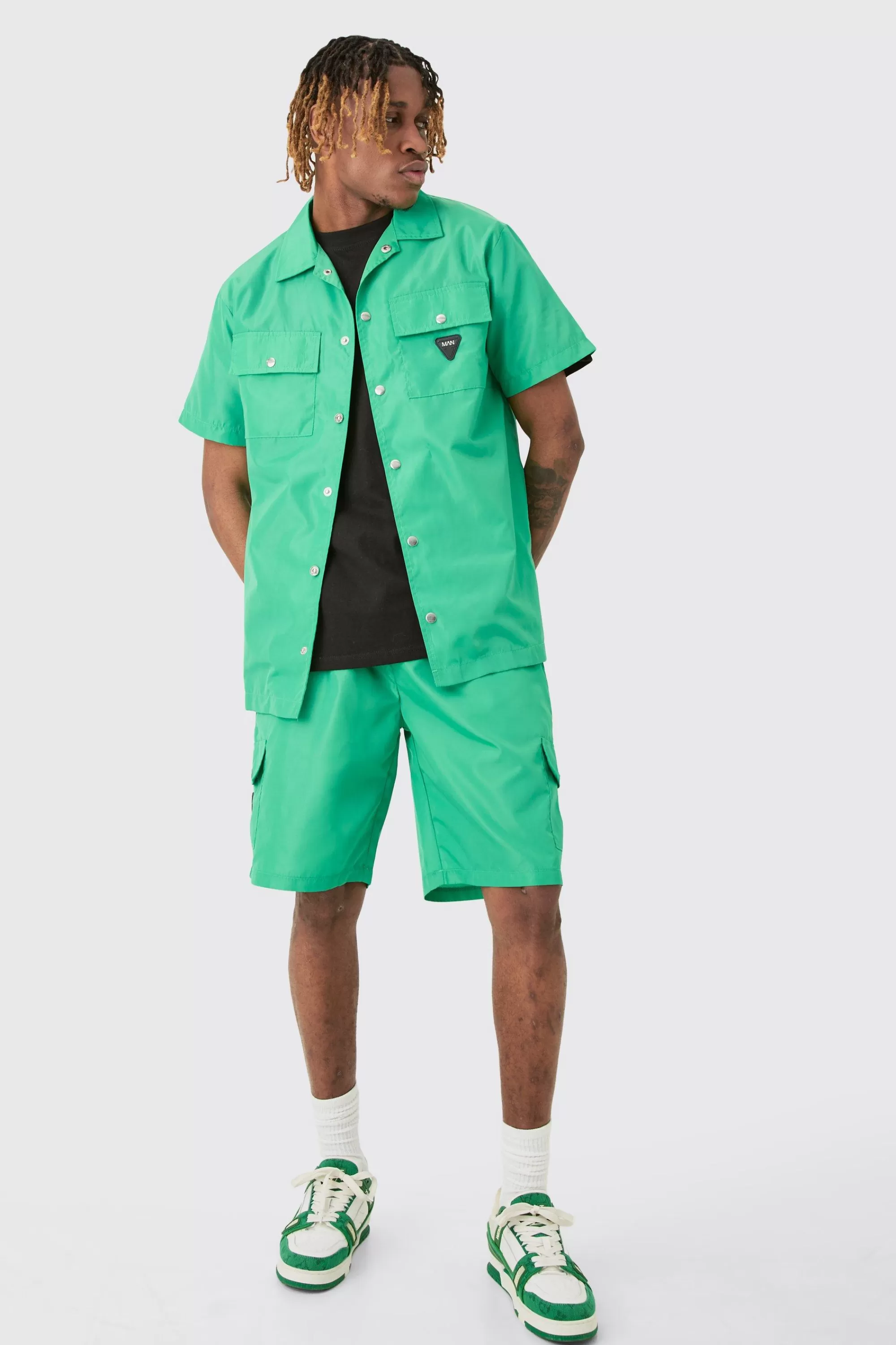 boohooMAN Tall Elasticated Waist Relaxed Nylon Man Cargo Short | UK
